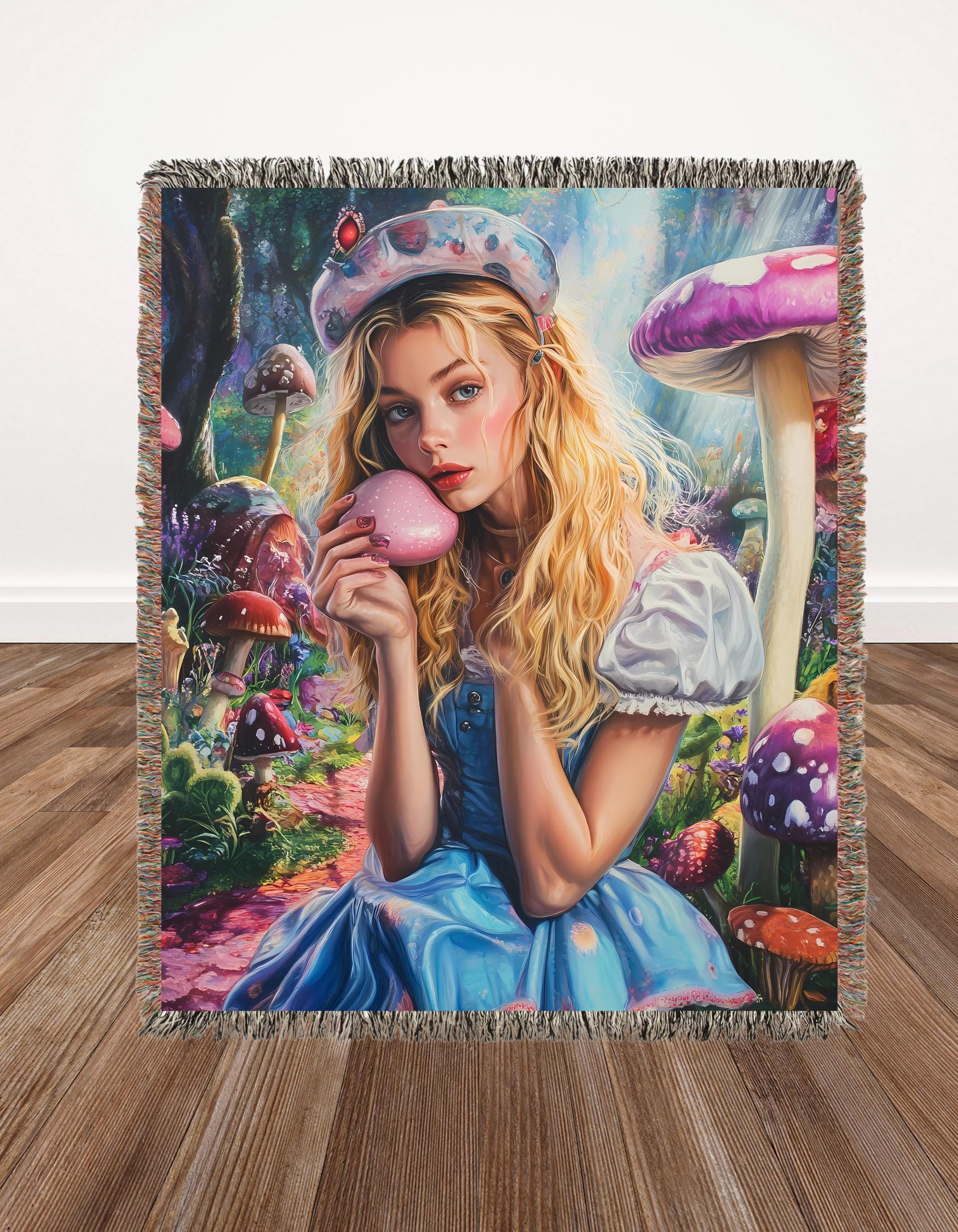 Woven Blanket, Parody, Alice in Wonderland, Psychedelic, Whimsical Throw Blanket, Fantasy Forest Home Decor, Vibrant Colors, Blue