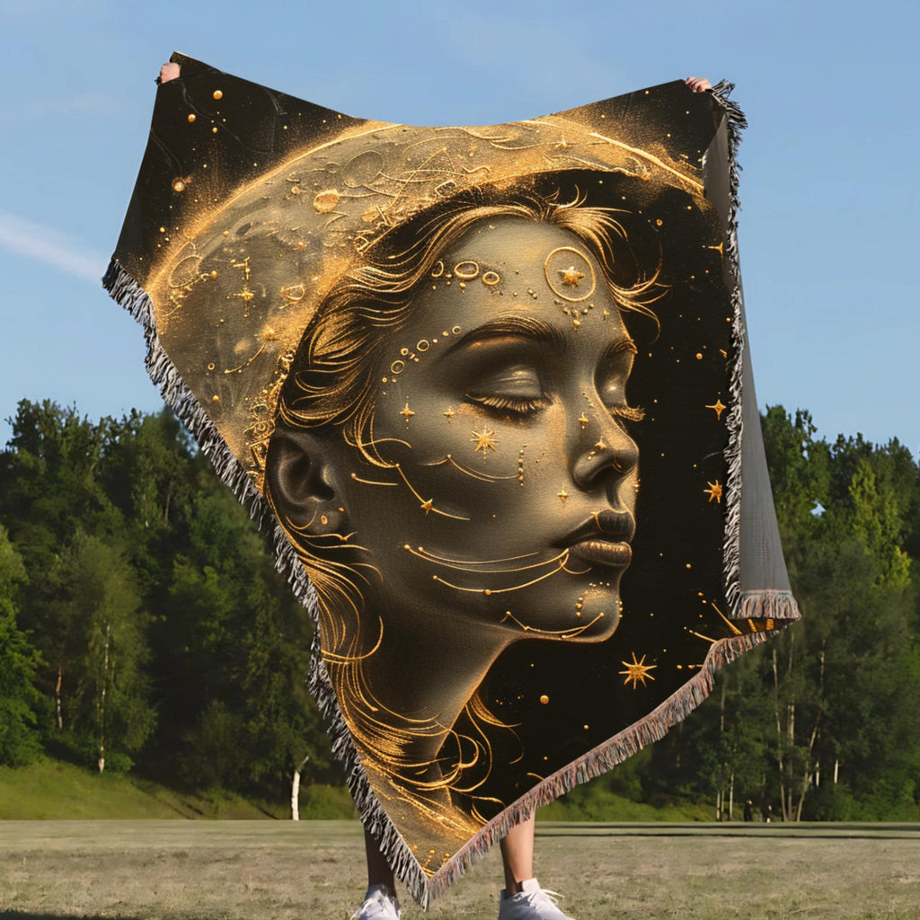 Celestial Woven Blanket: Girl in Moon Art, Lunar Tapestry