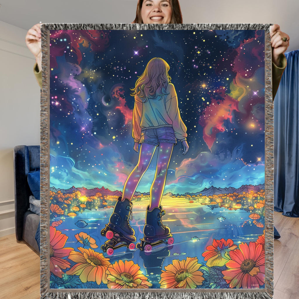 Celestial Roller Skating Woven Blanket: Galaxy Space Theme Throw for Astronomy Lovers & Home Decor