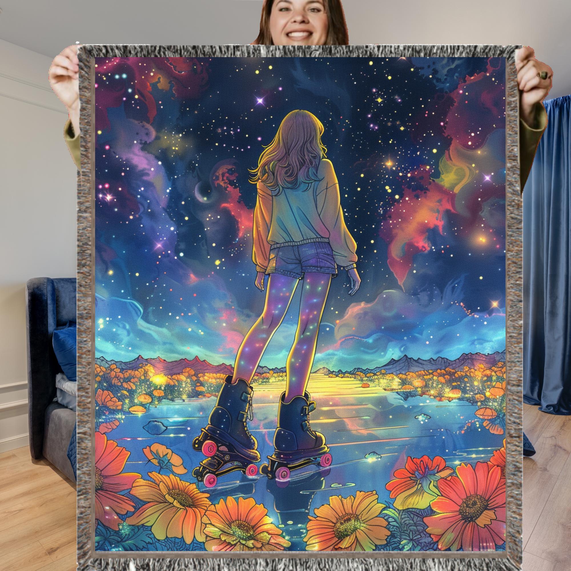 Celestial Roller Skating Woven Blanket: Galaxy Space Theme Throw for Astronomy Lovers & Home Decor