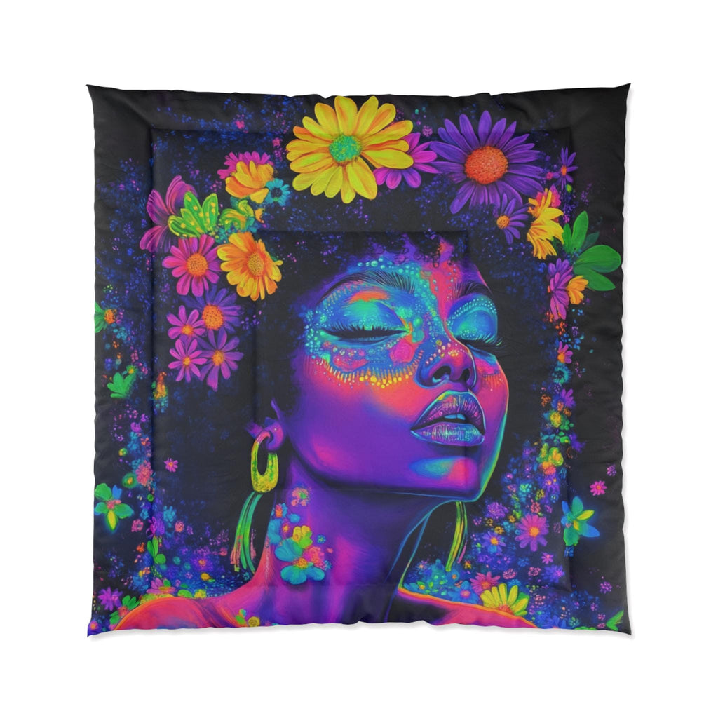 Comforter, Neon Black Girl Afro Neon Butterflies Magic, Y2K - Afrocentric Bedding, Black Queen Size Quilt, African American Home Decor, Boho