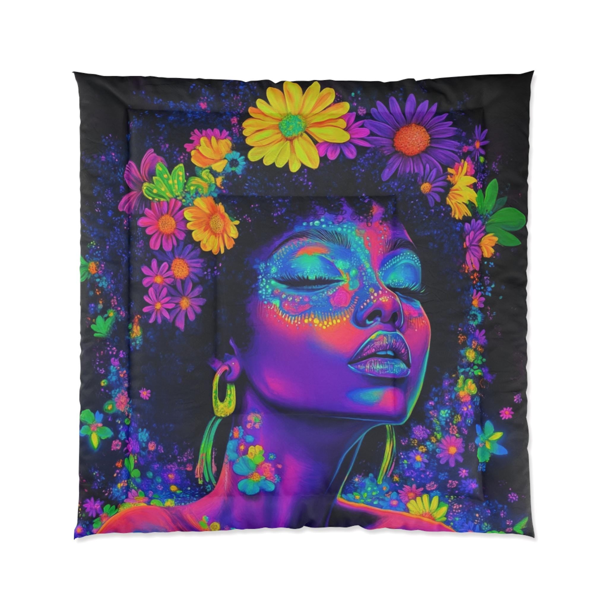 Comforter, Neon Black Girl Afro Neon Butterflies Magic, Y2K - Afrocentric Bedding, Black Queen Size Quilt, African American Home Decor, Boho