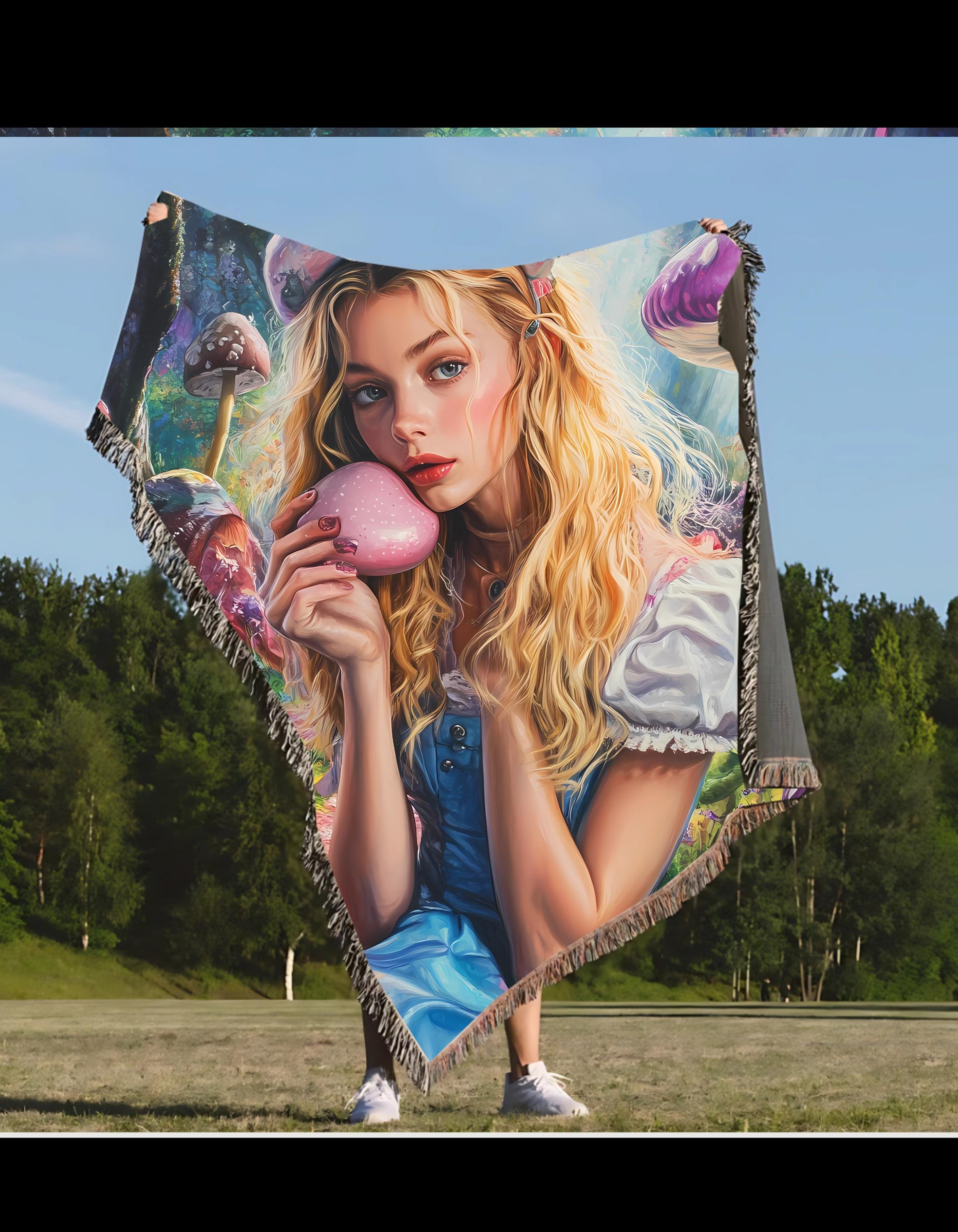 Woven Blanket, Parody, Alice in Wonderland, Psychedelic, Whimsical Throw Blanket, Fantasy Forest Home Decor, Vibrant Colors, Blue