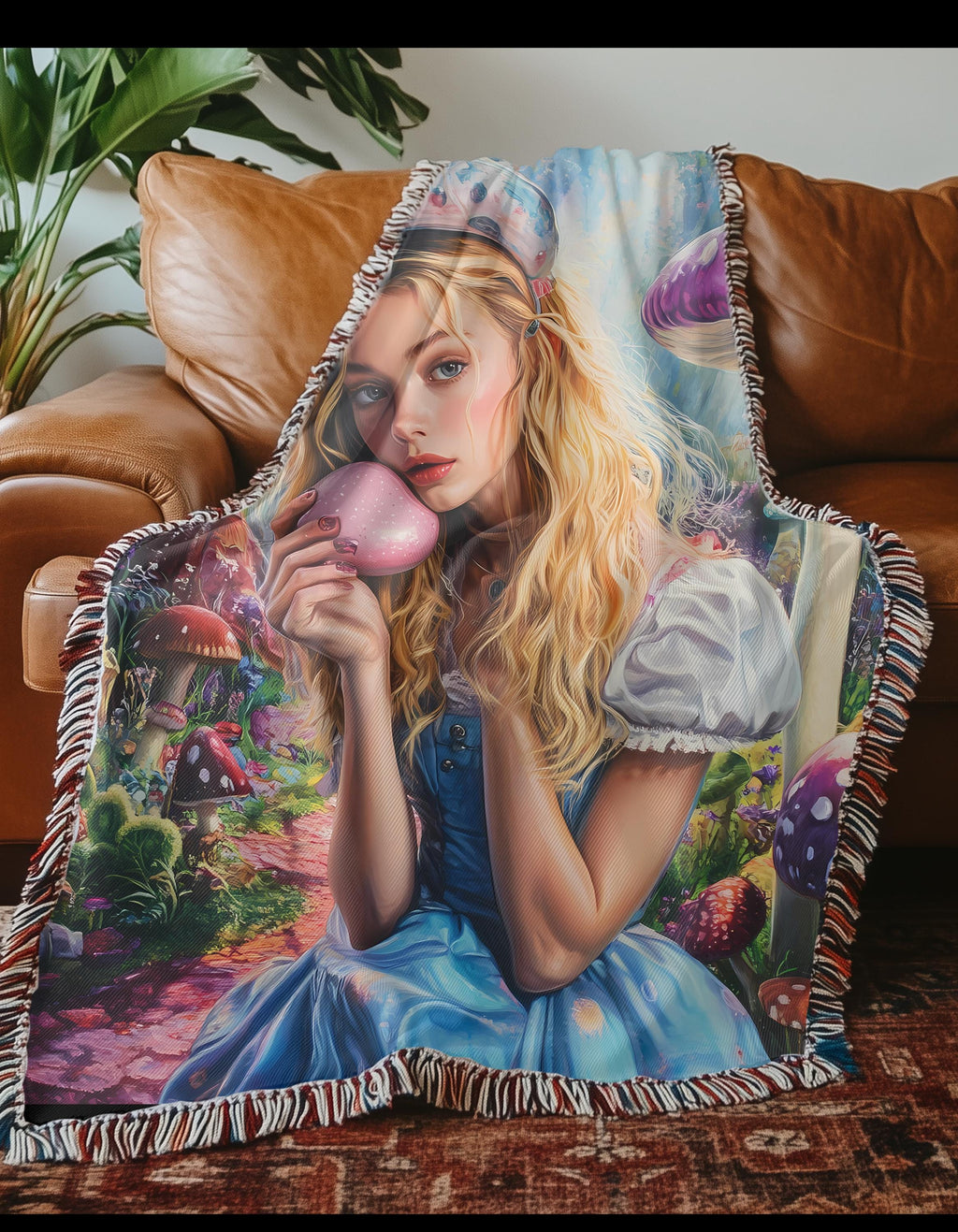 Woven Blanket, Parody, Alice in Wonderland, Psychedelic, Whimsical Throw Blanket, Fantasy Forest Home Decor, Vibrant Colors, Blue