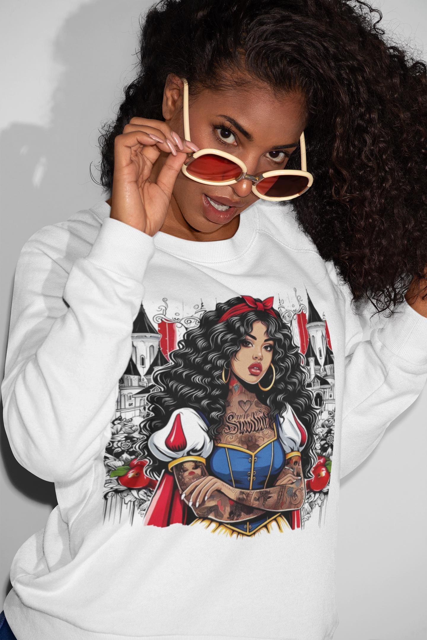 Black Princess Snow Apple Crewneck Sweatshirt: Cozy Winter Gift