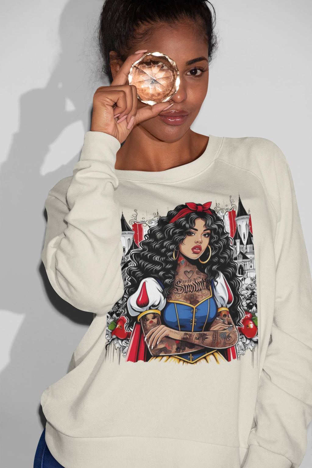 Black Princess Snow Apple Crewneck Sweatshirt: Cozy Winter Gift