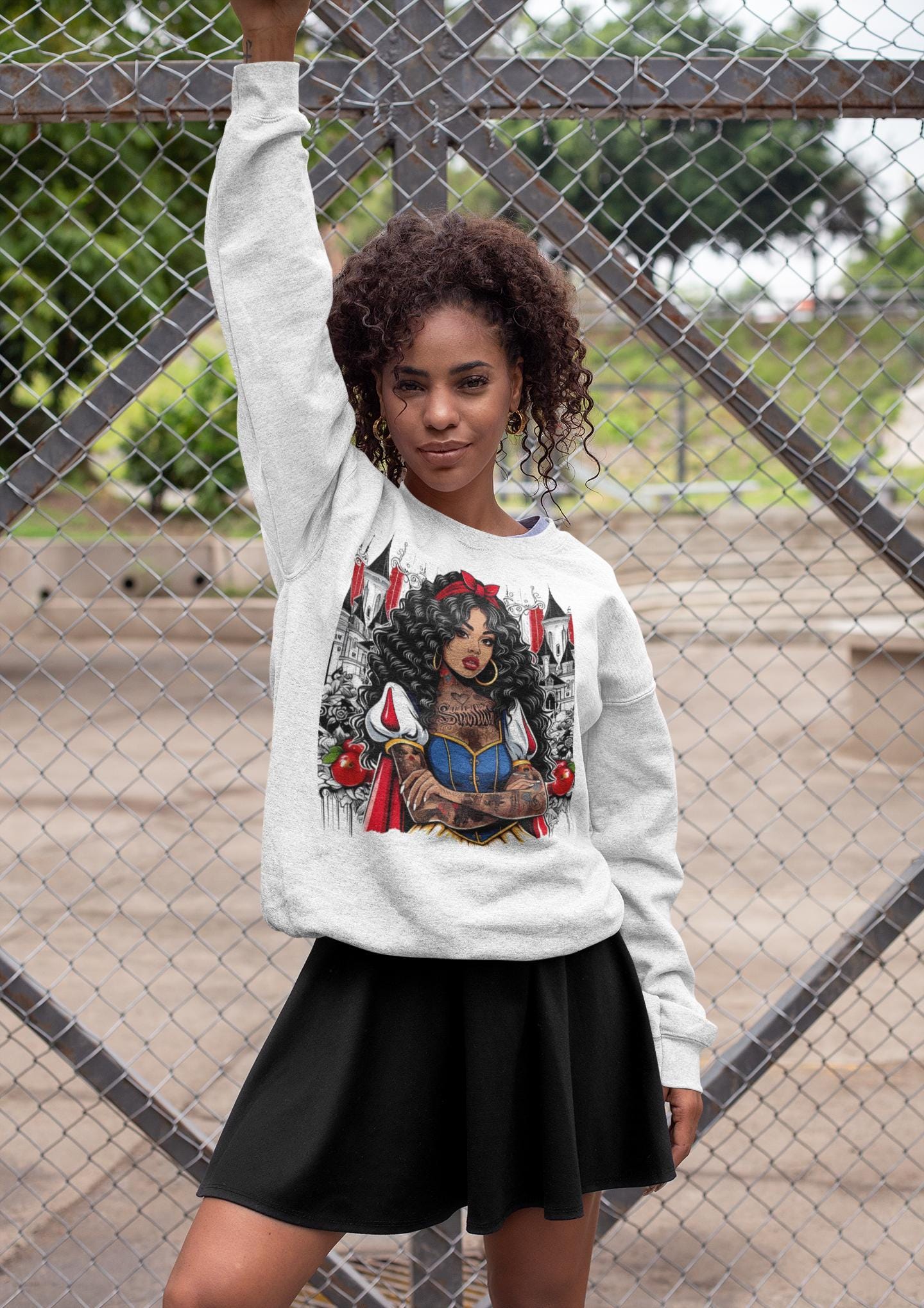 Black Princess Snow Apple Crewneck Sweatshirt: Cozy Winter Gift