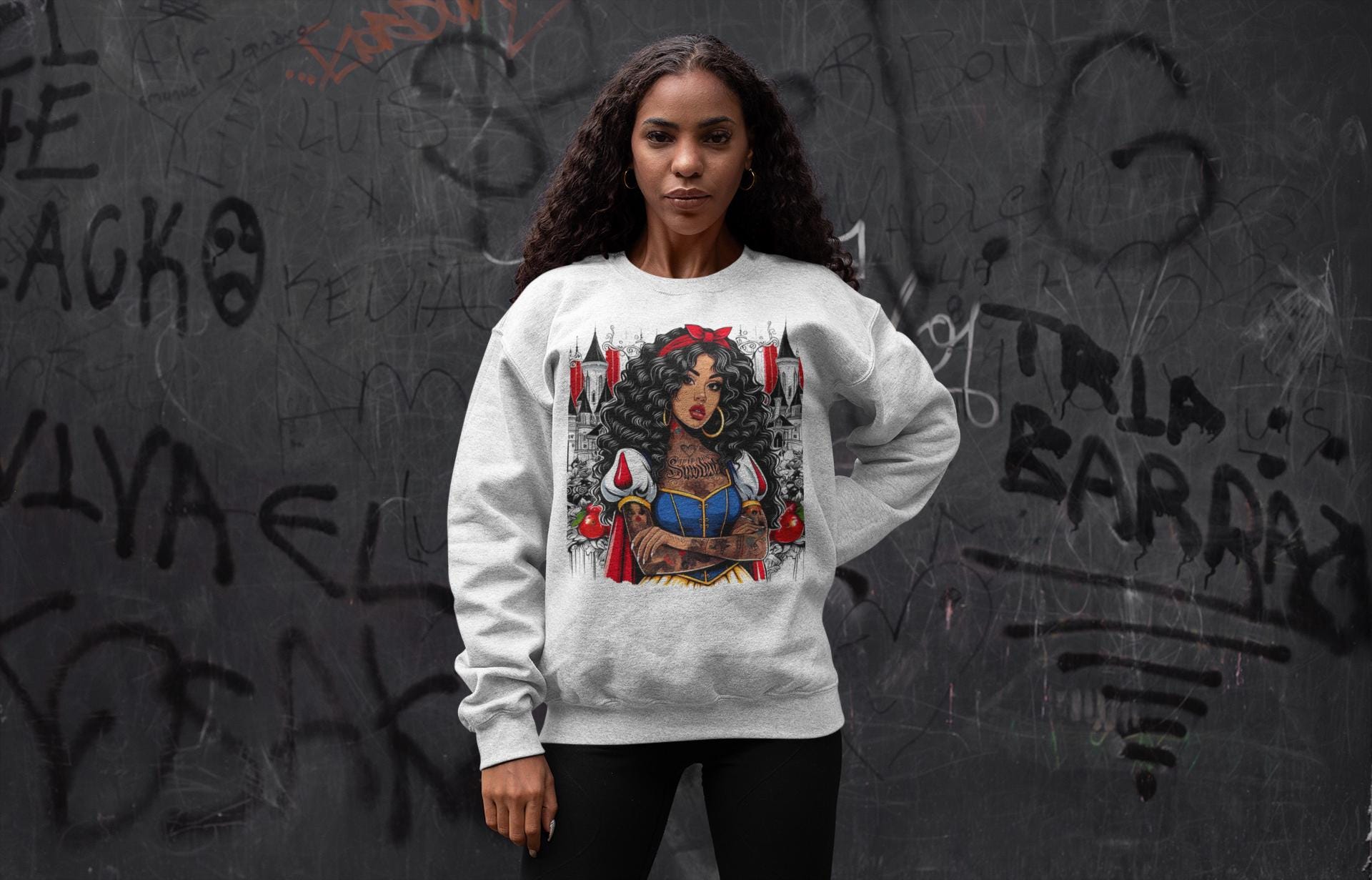 Black Princess Snow Apple Crewneck Sweatshirt: Cozy Winter Gift