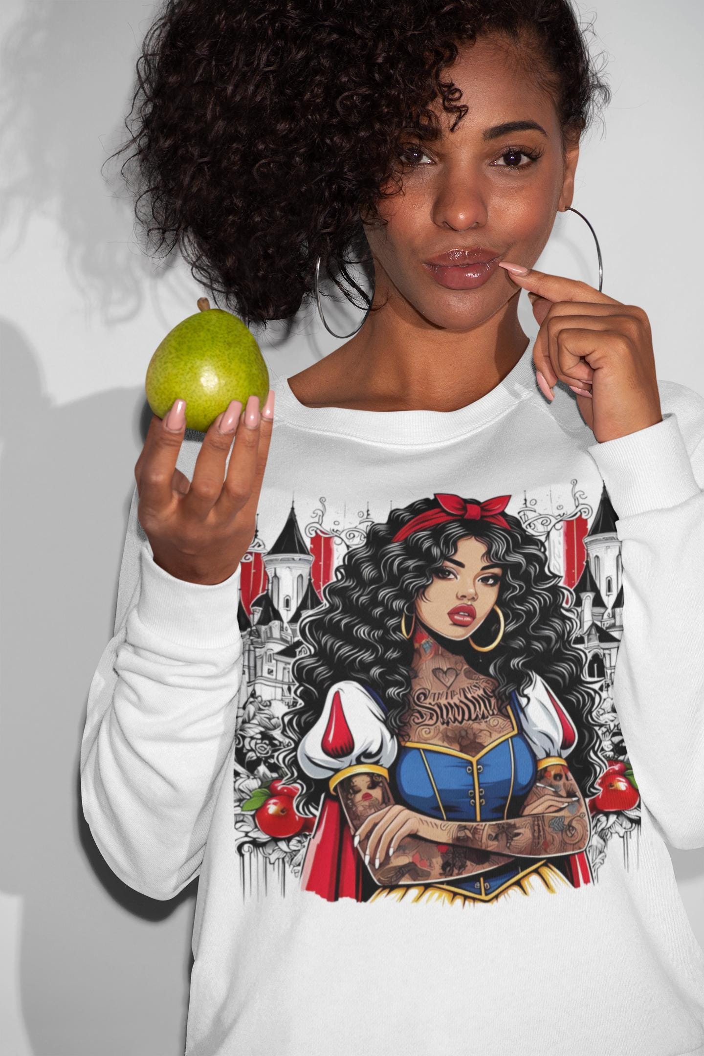 Black Princess Snow Apple Crewneck Sweatshirt: Cozy Winter Gift