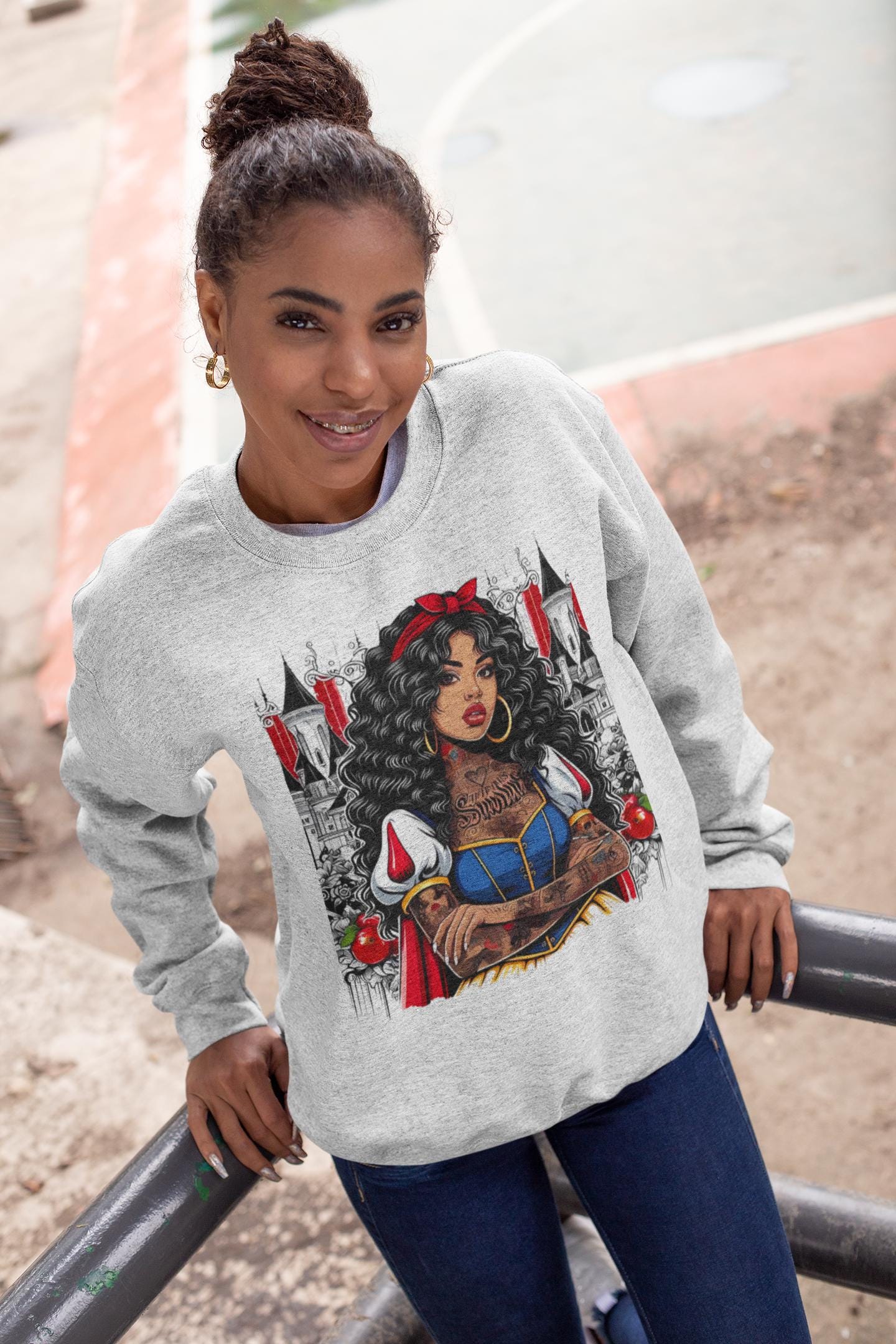 Black Princess Snow Apple Crewneck Sweatshirt: Cozy Winter Gift