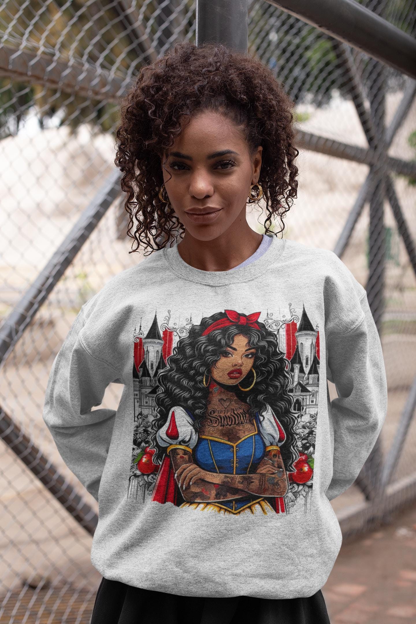 Black Princess Snow Apple Crewneck Sweatshirt: Cozy Winter Gift