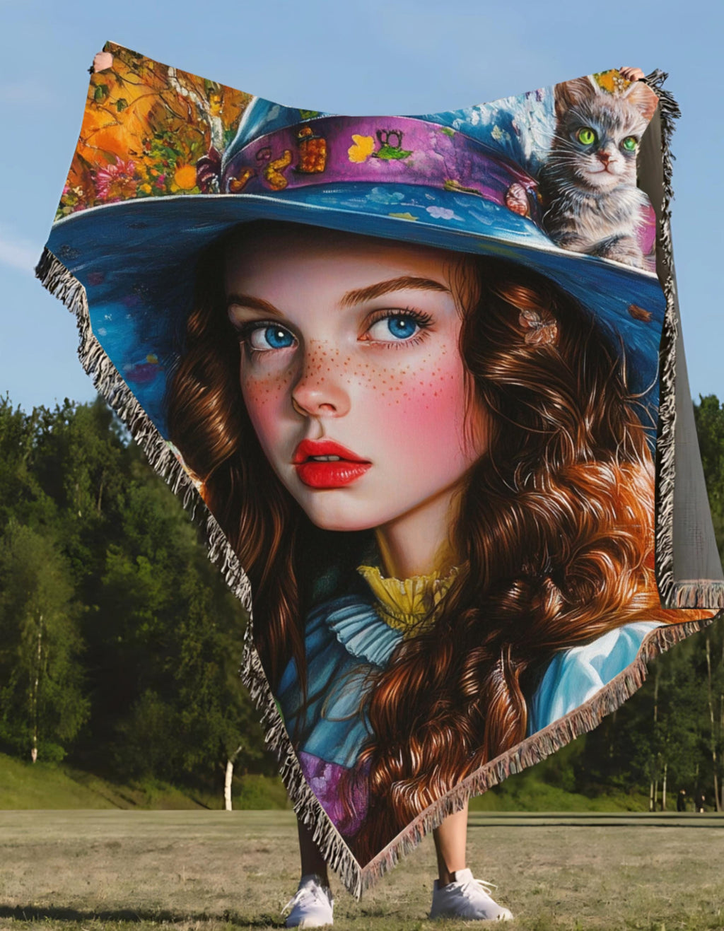 Woven Blanket, wondeland Parody, Mad Hatter Fantasy Forest, Vibrant Whimsical Throw, Psychedelic Mushroom Art, Colorful Blankie, Blue Hat