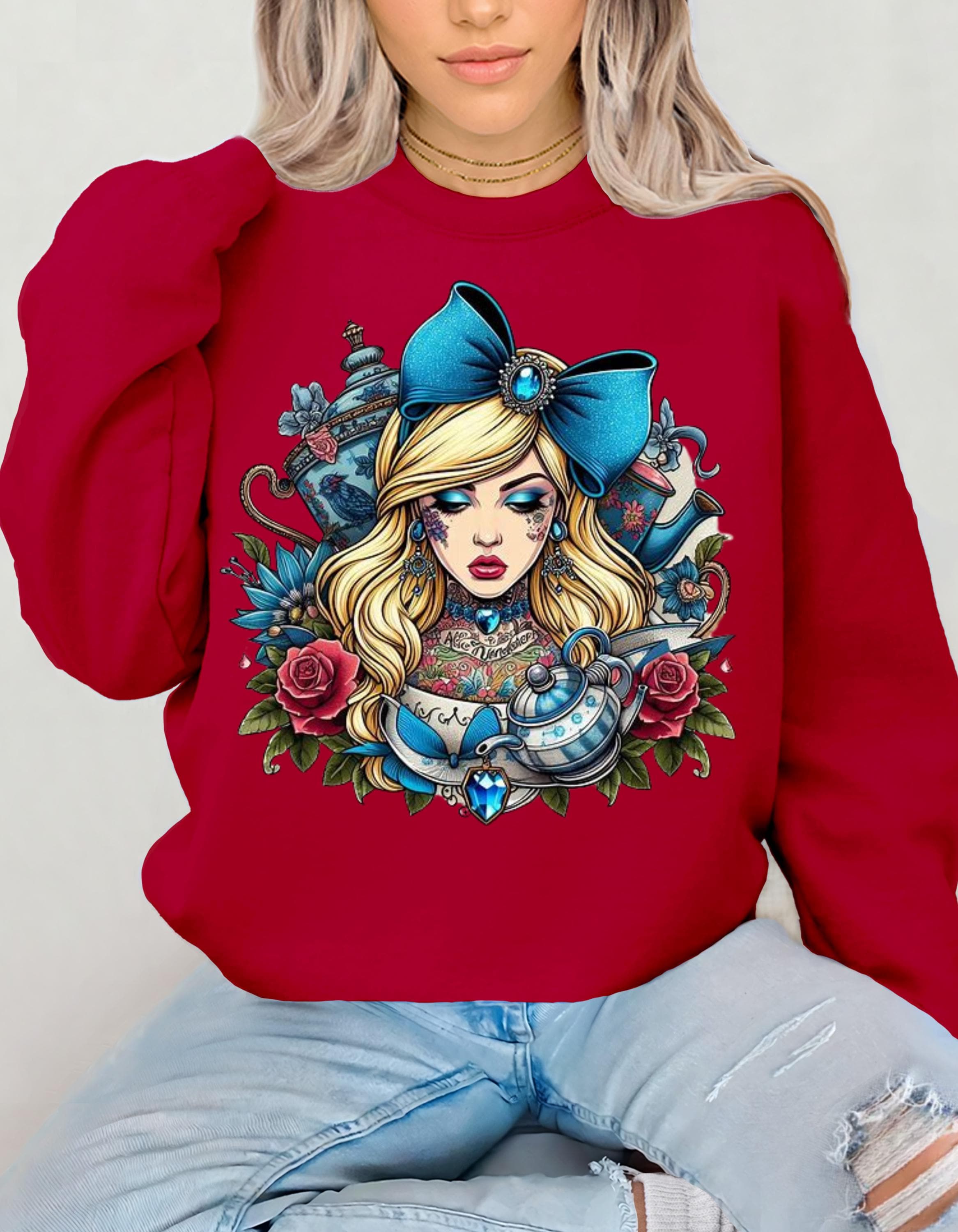 Alice-Inspired chinoiserie Sweatshirt, Whimsical Pullover, Cute Gift for Her, Vintage Style Crewneck, Fantasy Fashion Top, Cozy Casual Wear