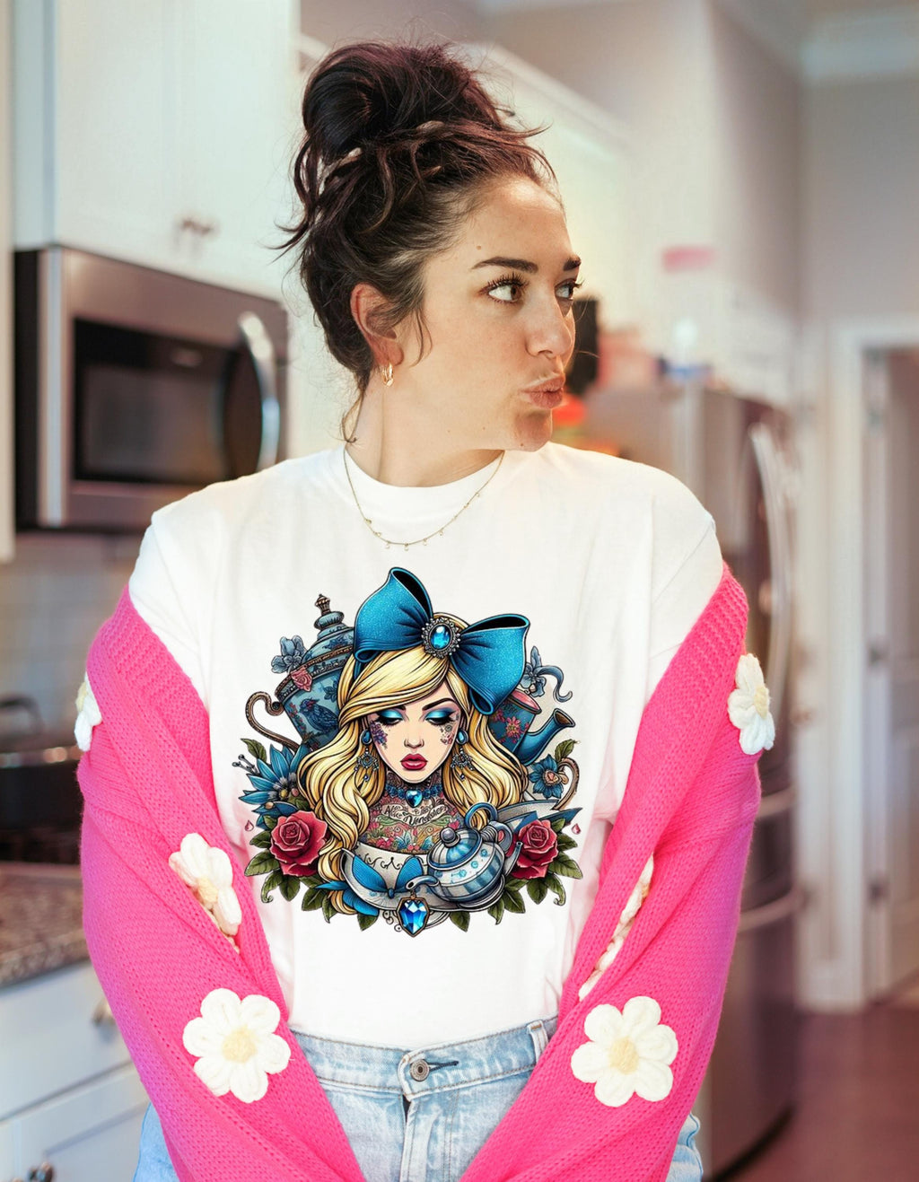Alice-Inspired chinoiserie Sweatshirt, Whimsical Pullover, Cute Gift for Her, Vintage Style Crewneck, Fantasy Fashion Top, Cozy Casual Wear