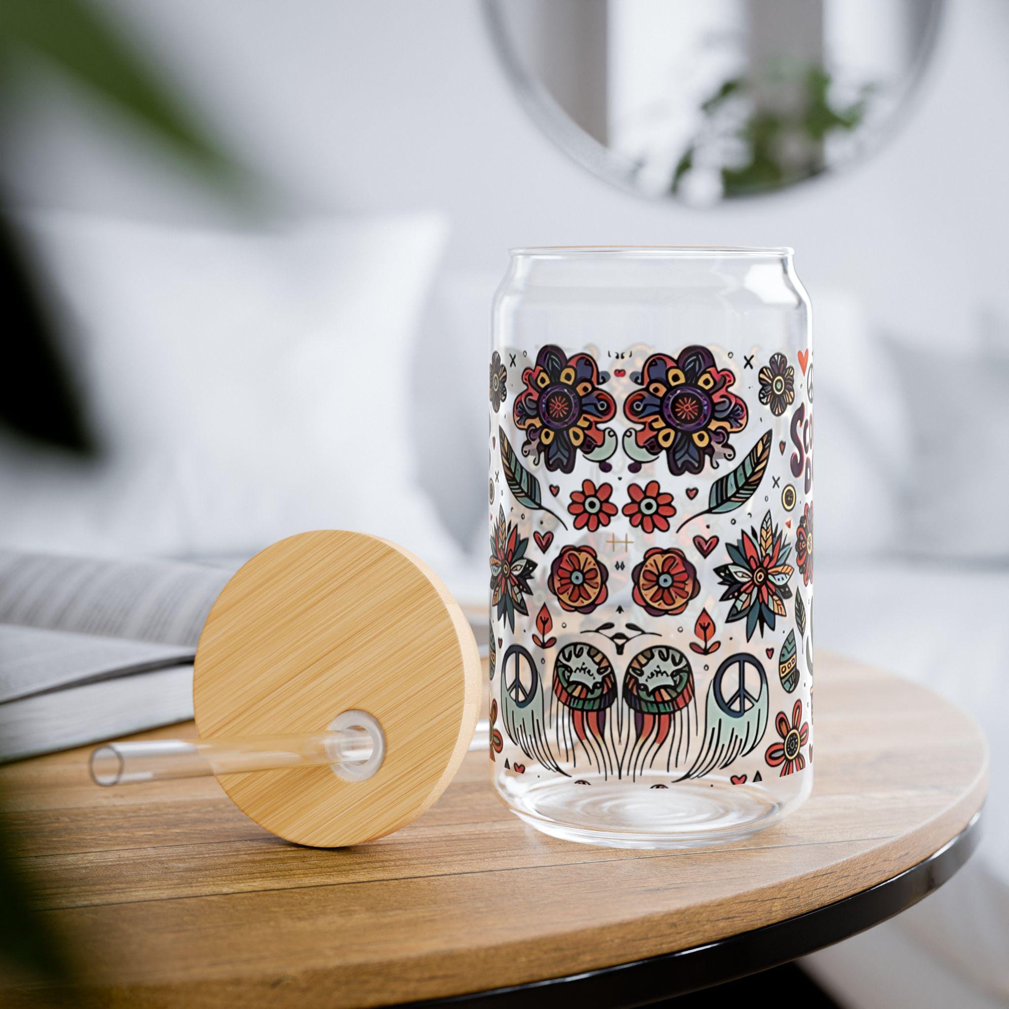 Boho Style Sipper Glass, 16oz - Colorful Floral & Peace Design, Eco-Friendly Drinkware, Perfect Gift for Nature Lovers, Summer BBQs,