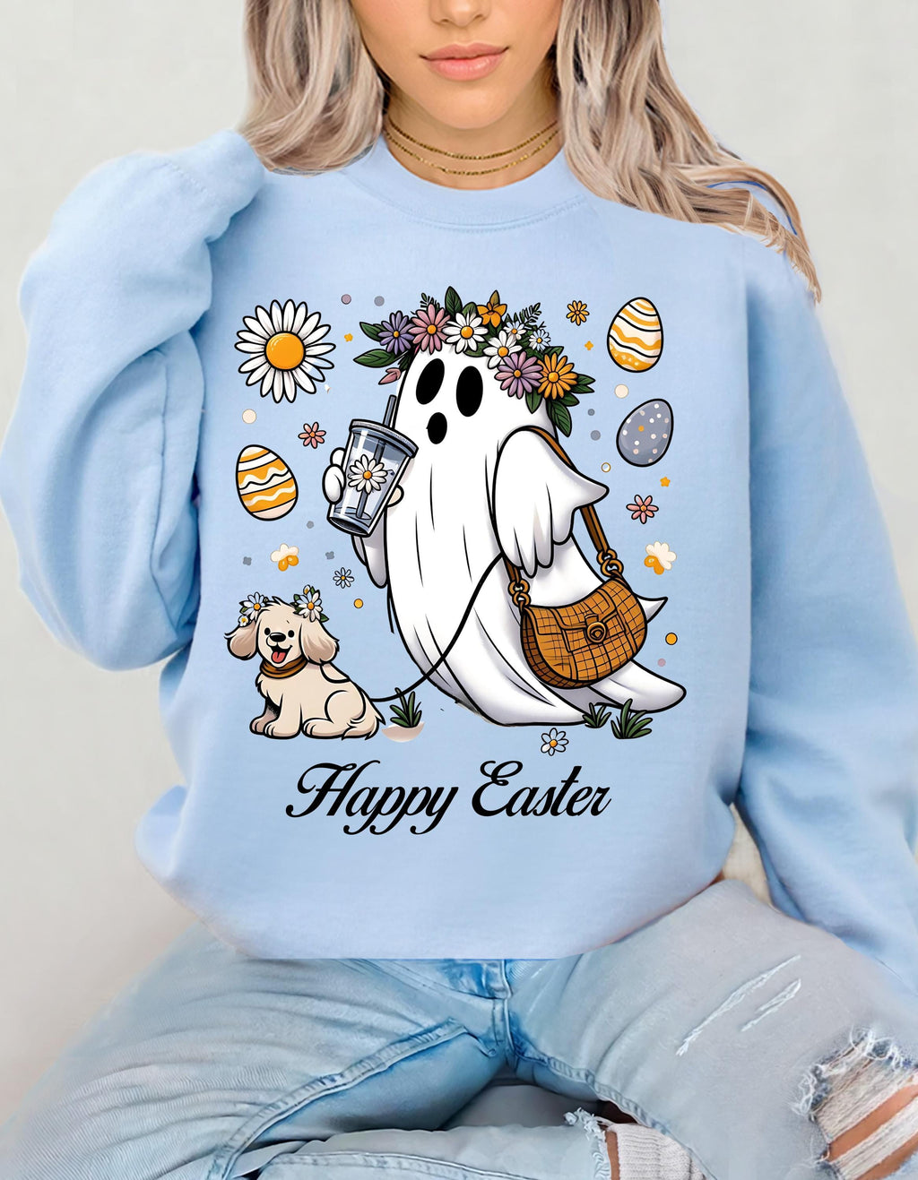 Happy Easter Ghost & Dog Sweatshirt, Unisex Crewneck, Spring Holiday Sweatshirt, Cute Easter Gift, Cozy Easter Apparel, Animal Lover Hoodie