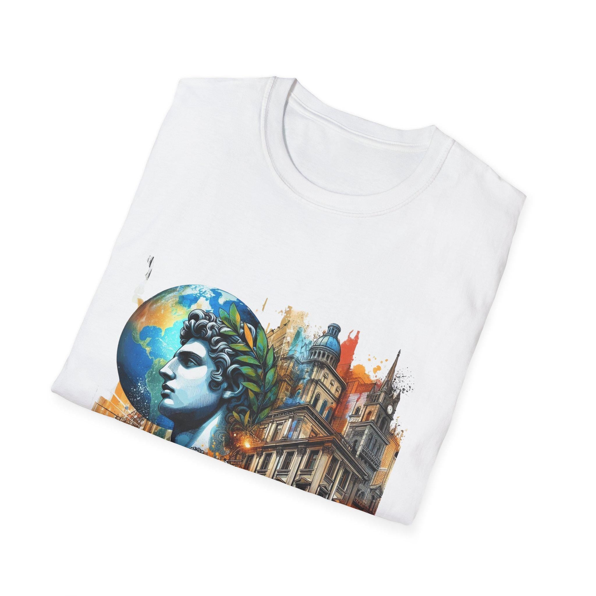 Artistic Globe T-Shirt - Whimsical Urban Design, Unique Gift for Travelers, Art Lovers, Everyday Wear, Eco-Conscious Style