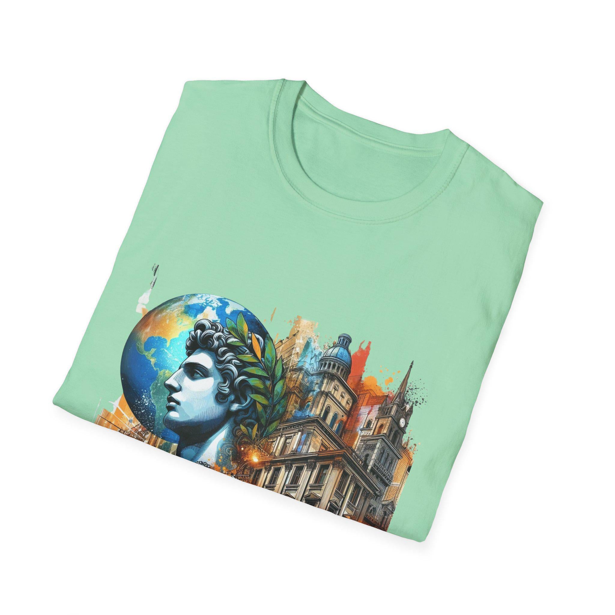 Artistic Globe T-Shirt - Whimsical Urban Design, Unique Gift for Travelers, Art Lovers, Everyday Wear, Eco-Conscious Style