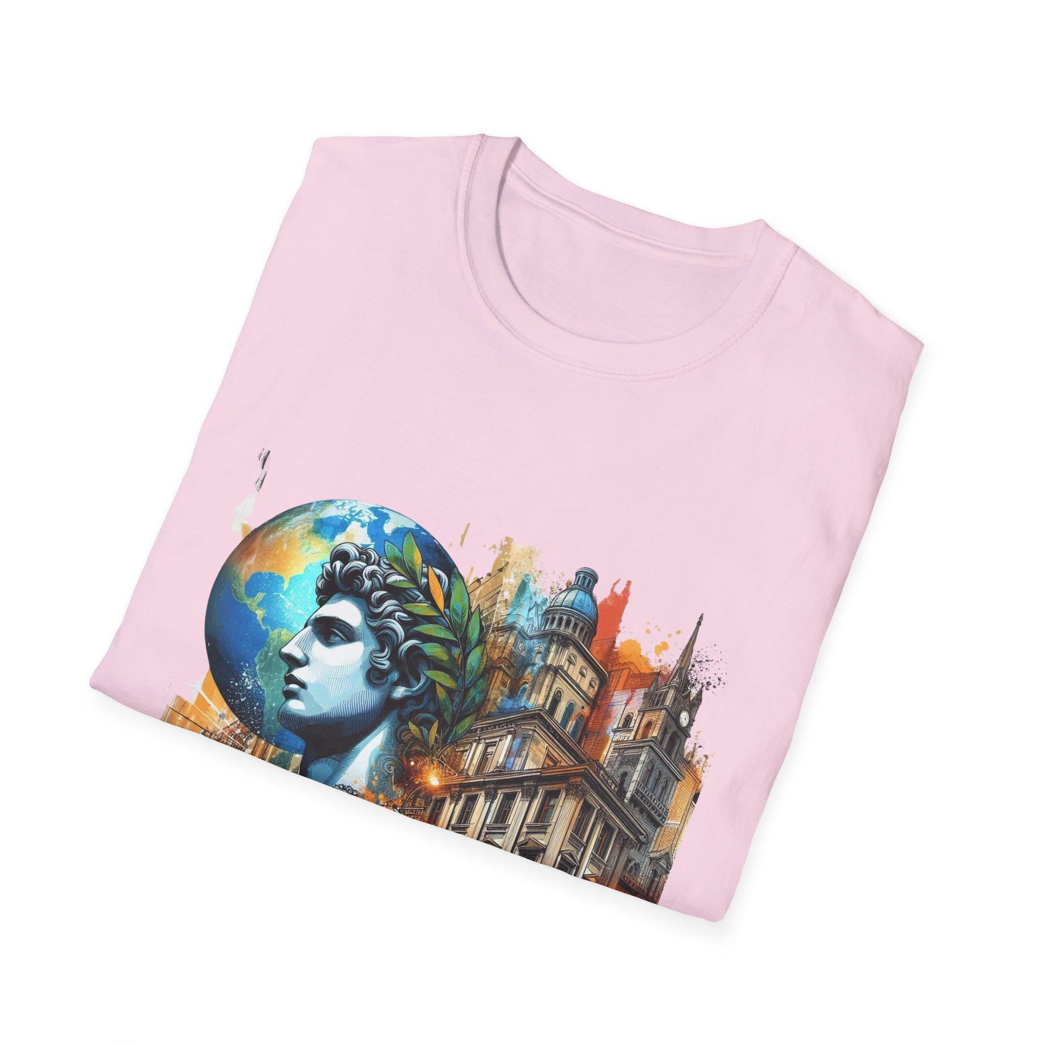 Artistic Globe T-Shirt - Whimsical Urban Design, Unique Gift for Travelers, Art Lovers, Everyday Wear, Eco-Conscious Style