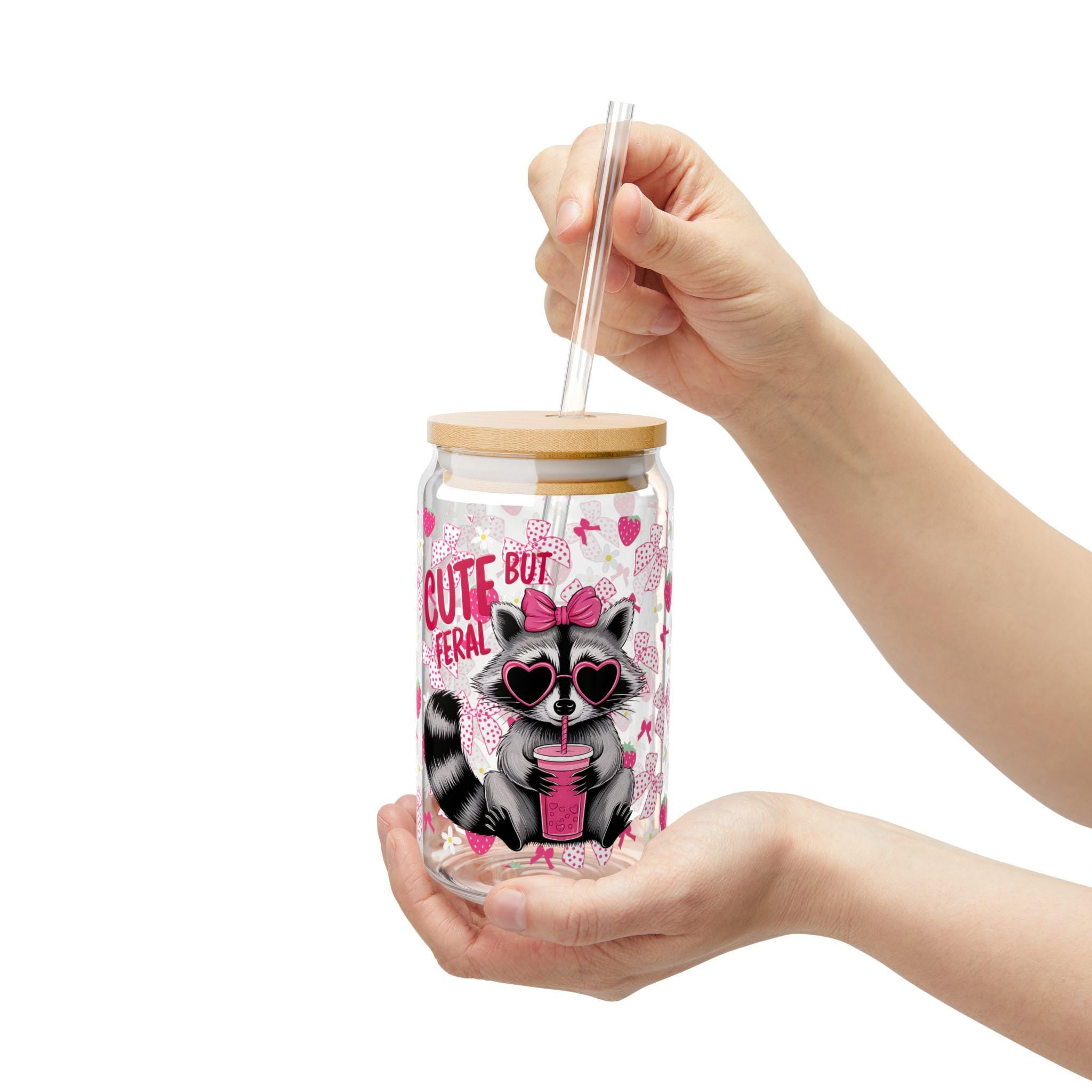 Cute But Feral Sipper Glass, 16oz Adorable Raccoon Straw Cup for Quirky Drink Lovers, Fun Gift for Animal Enthusiasts, Summer Party