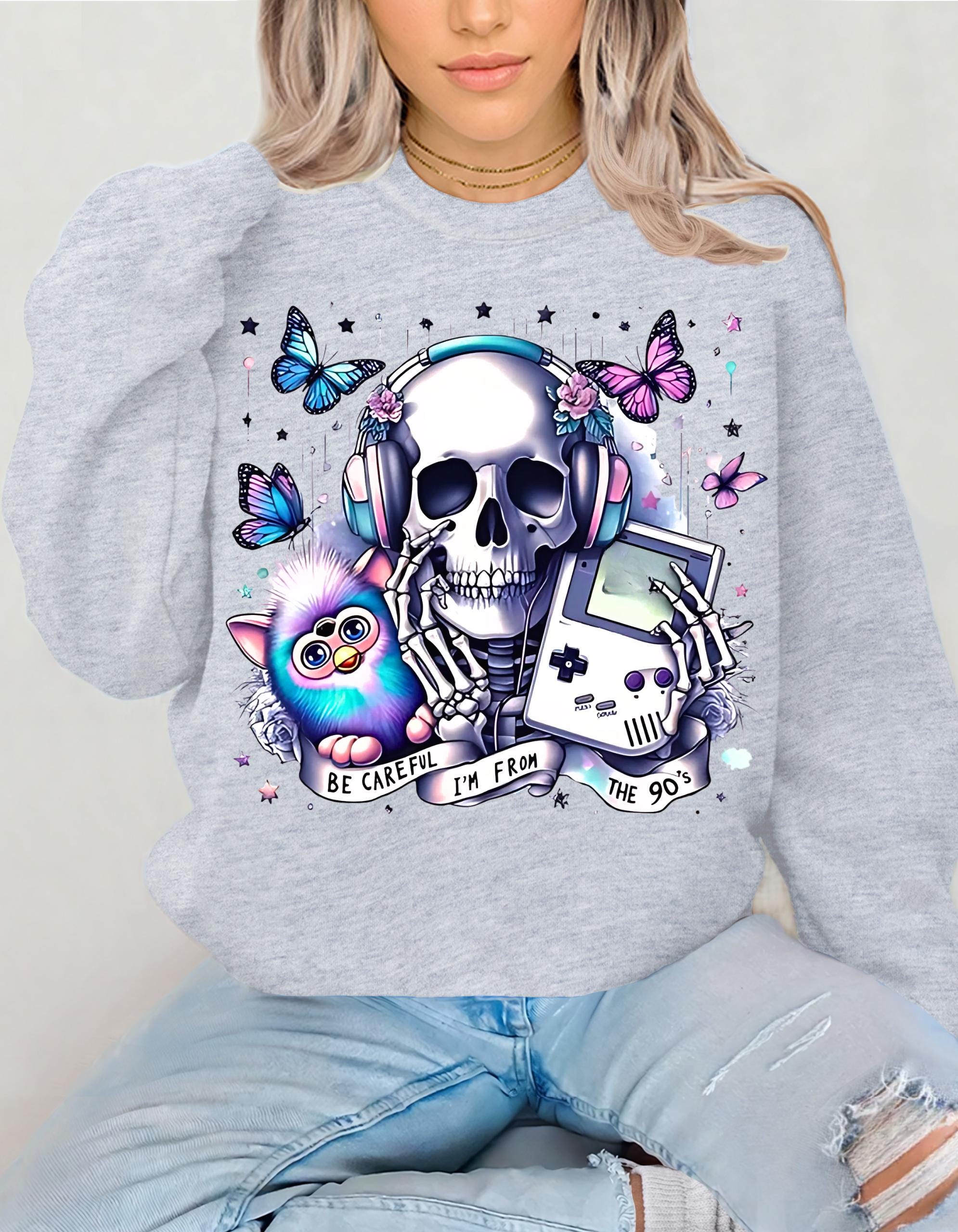 Edgy Skull and Butterflies Sweatshirt, Unisex Crewneck, Goth Gift, Casual Wear, Hipster Style, Gamer Apparel, Unique Fashion