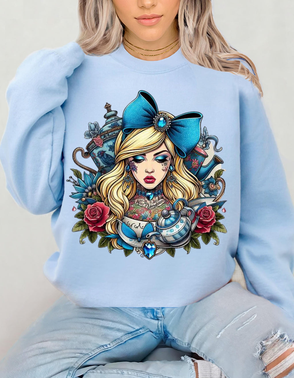 Alice-Inspired chinoiserie Sweatshirt, Whimsical Pullover, Cute Gift for Her, Vintage Style Crewneck, Fantasy Fashion Top, Cozy Casual Wear