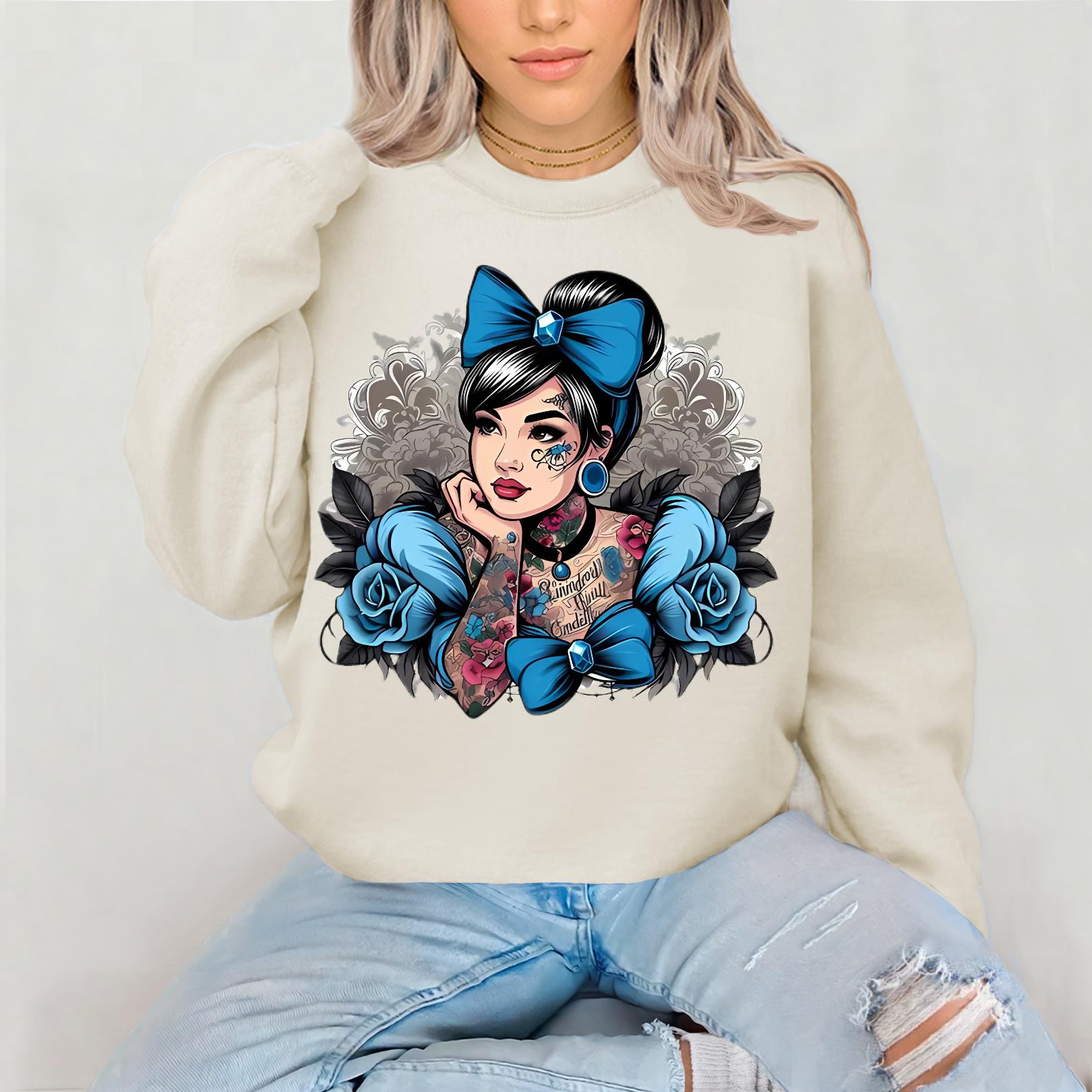 Tattooed chinoseri Girl Crewneck Sweatshirt, Edgy Fashion, Casual Wear, Gift for Her, Vintage Style, Streetwear Outfit
