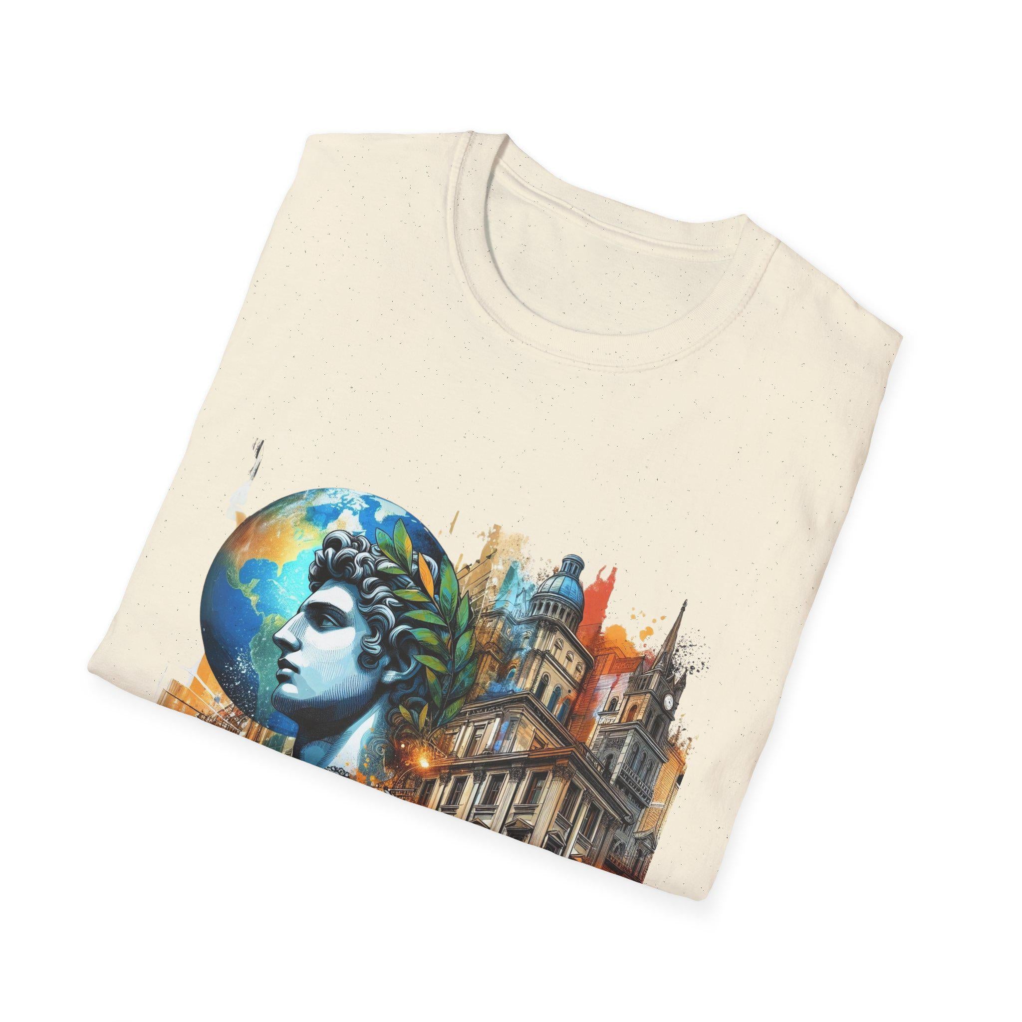 Artistic Globe T-Shirt - Whimsical Urban Design, Unique Gift for Travelers, Art Lovers, Everyday Wear, Eco-Conscious Style