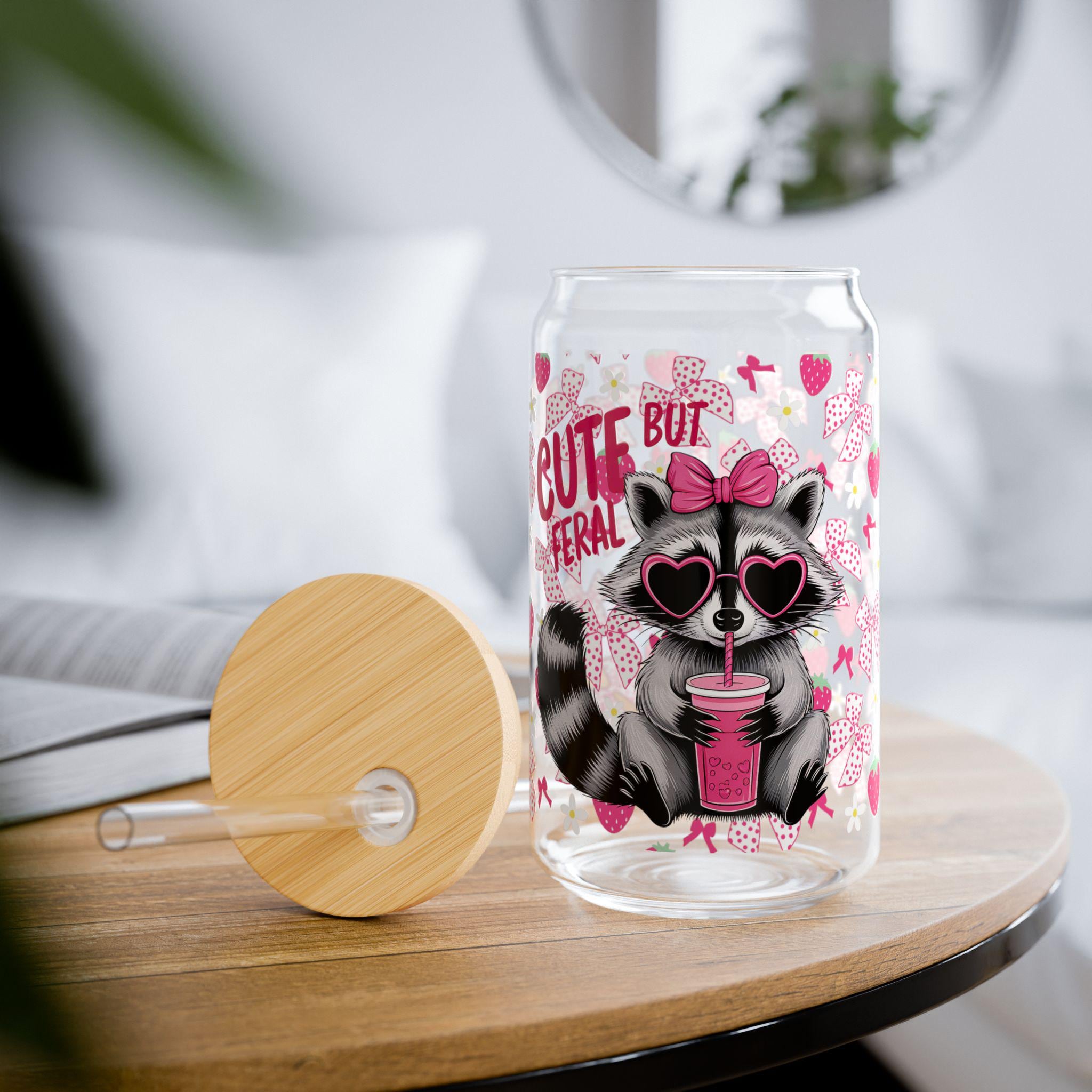 Cute But Feral Sipper Glass, 16oz Adorable Raccoon Straw Cup for Quirky Drink Lovers, Fun Gift for Animal Enthusiasts, Summer Party