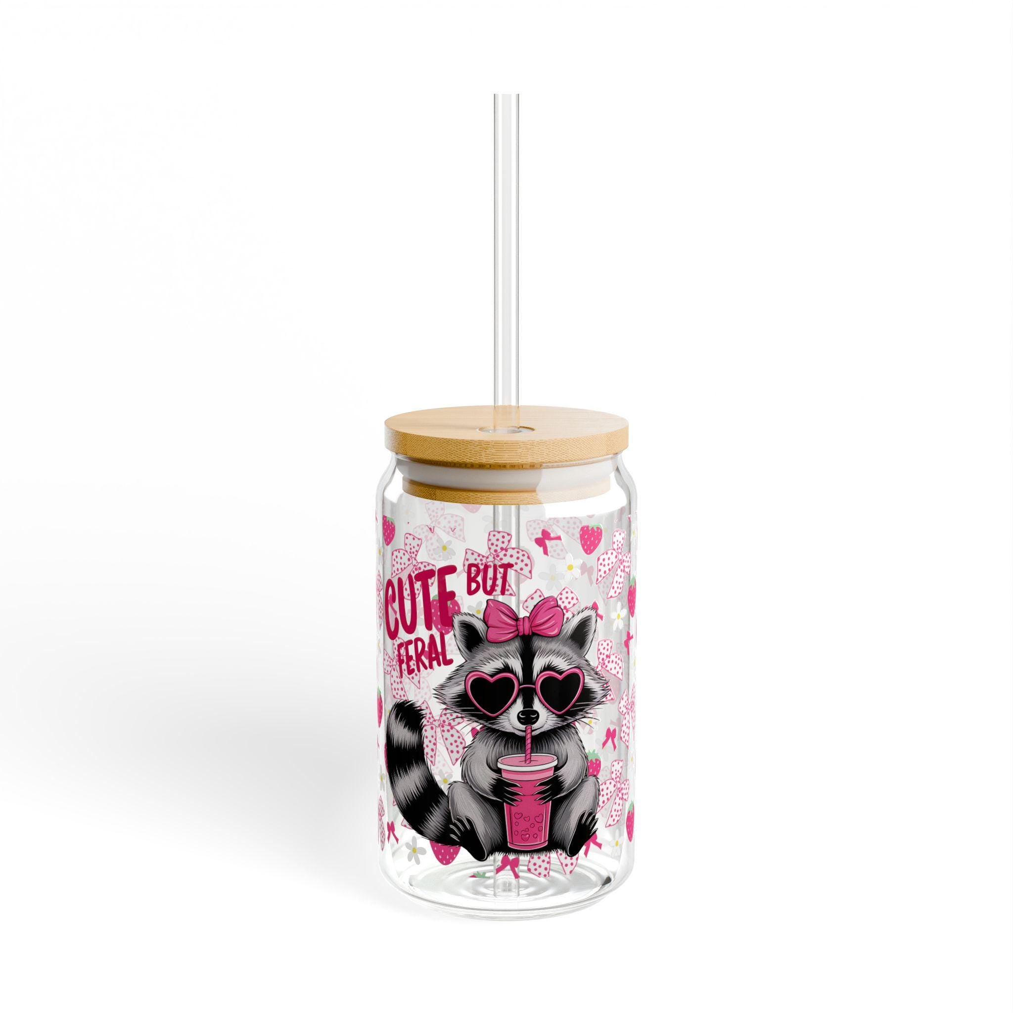 Cute But Feral Sipper Glass, 16oz Adorable Raccoon Straw Cup for Quirky Drink Lovers, Fun Gift for Animal Enthusiasts, Summer Party