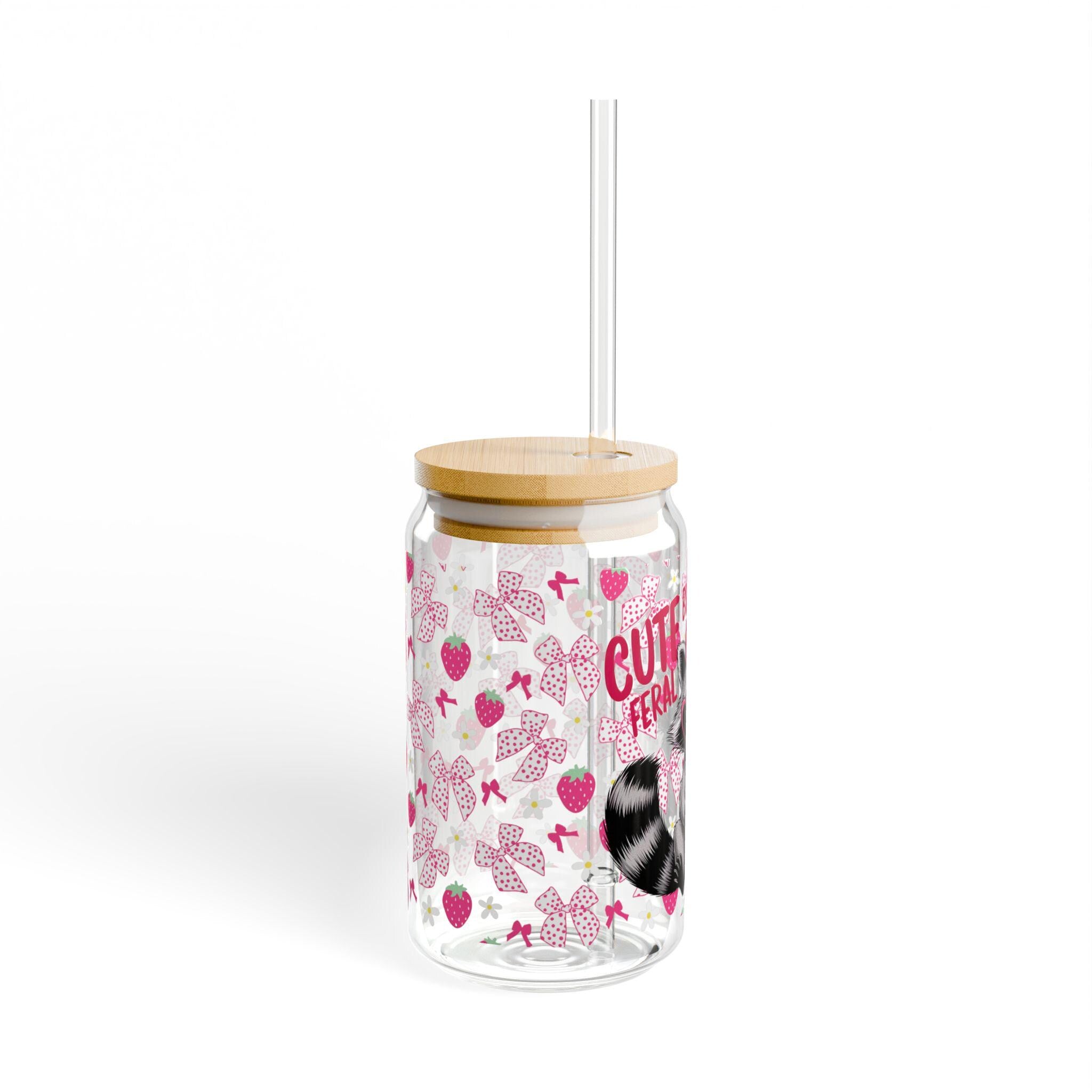 Cute But Feral Sipper Glass, 16oz Adorable Raccoon Straw Cup for Quirky Drink Lovers, Fun Gift for Animal Enthusiasts, Summer Party