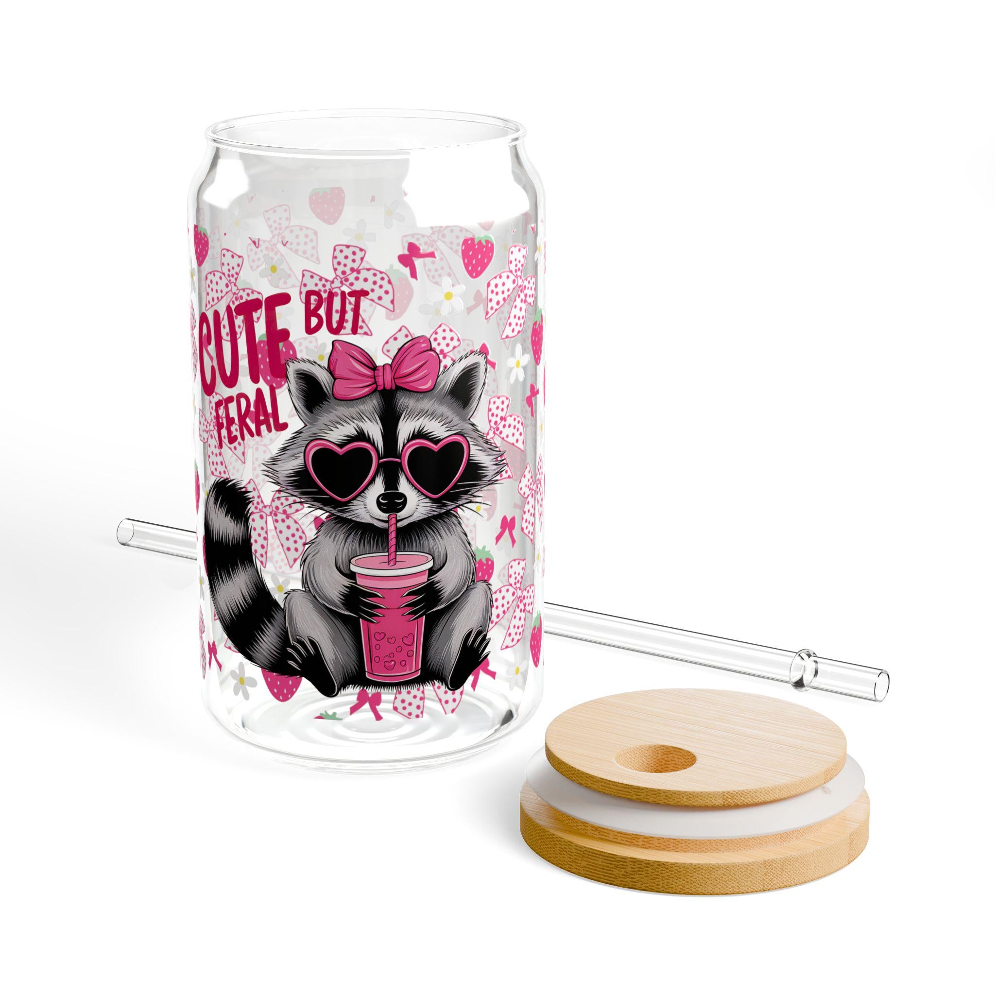 Cute But Feral Sipper Glass, 16oz Adorable Raccoon Straw Cup for Quirky Drink Lovers, Fun Gift for Animal Enthusiasts, Summer Party