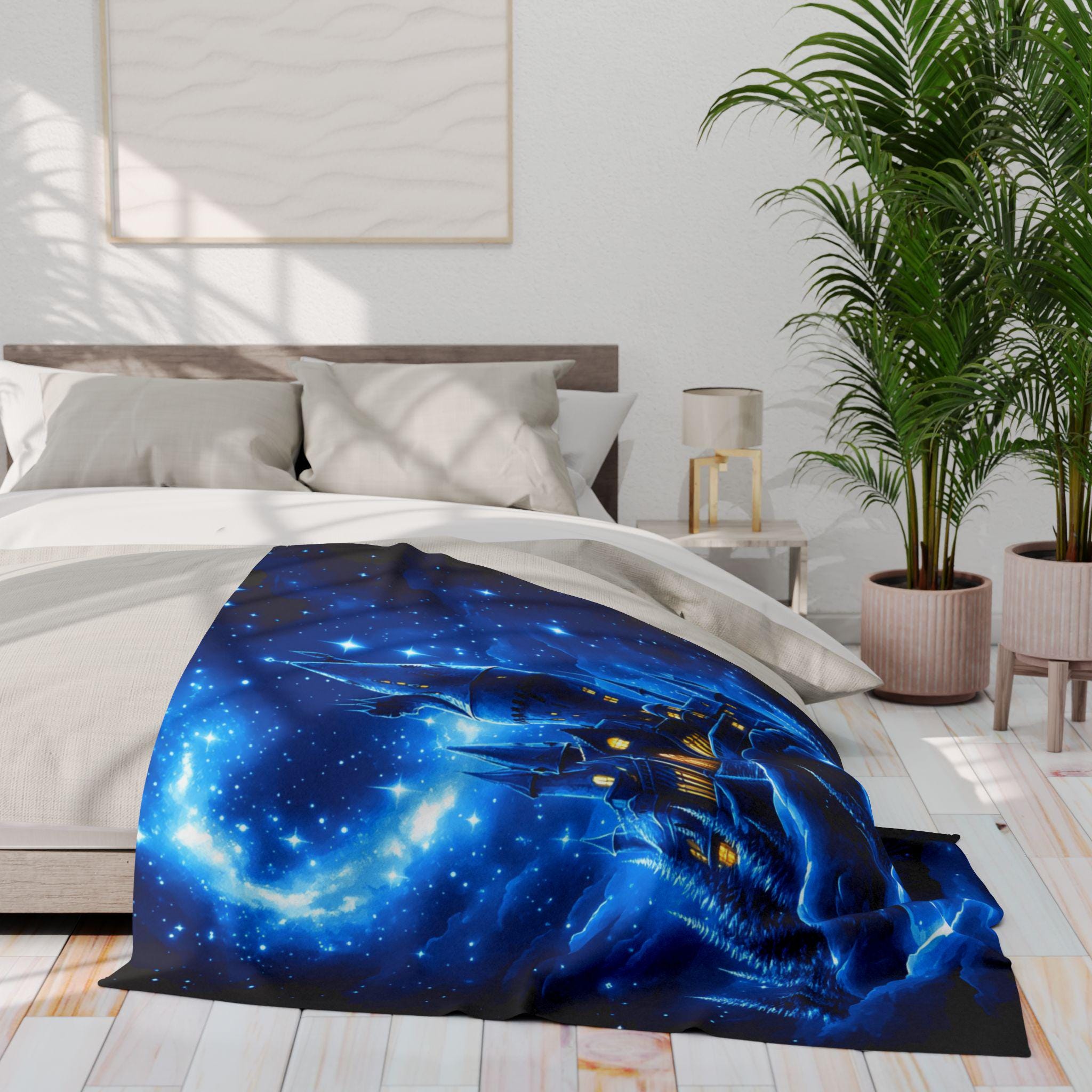 Enchanting Celestial Castle Fleece Throw: Starry Night Fantasy Decor for Cozy Bedroom Comfort