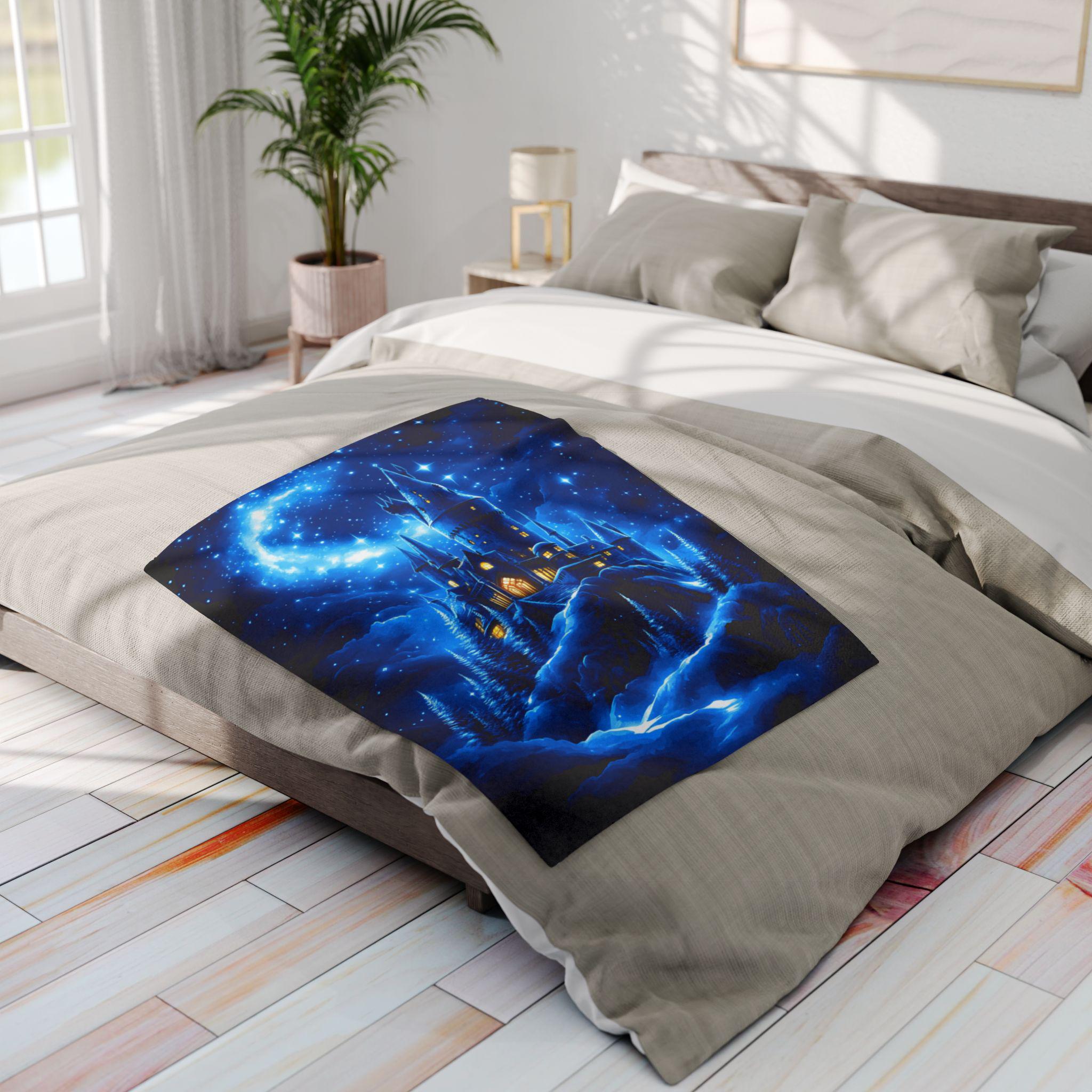 Enchanting Celestial Castle Fleece Throw: Starry Night Fantasy Decor for Cozy Bedroom Comfort