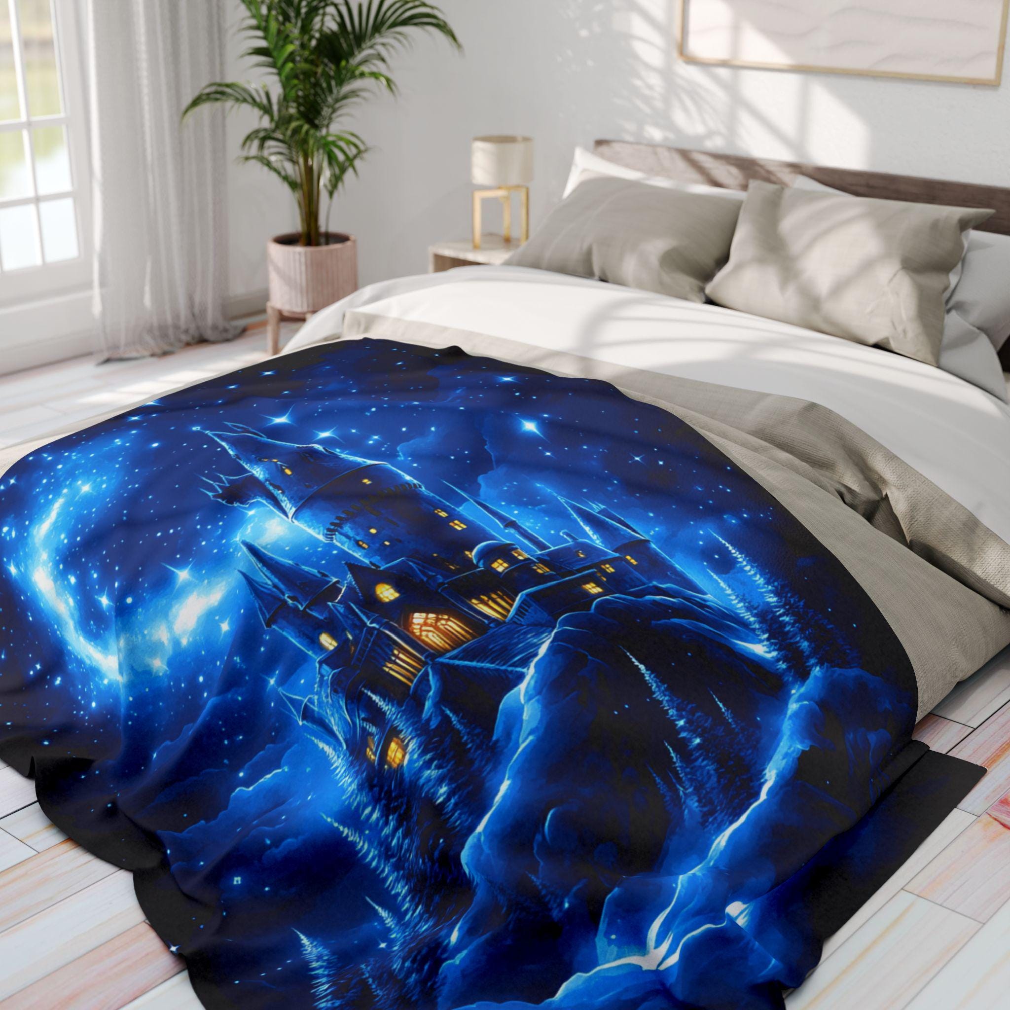 Enchanting Celestial Castle Fleece Throw: Starry Night Fantasy Decor for Cozy Bedroom Comfort