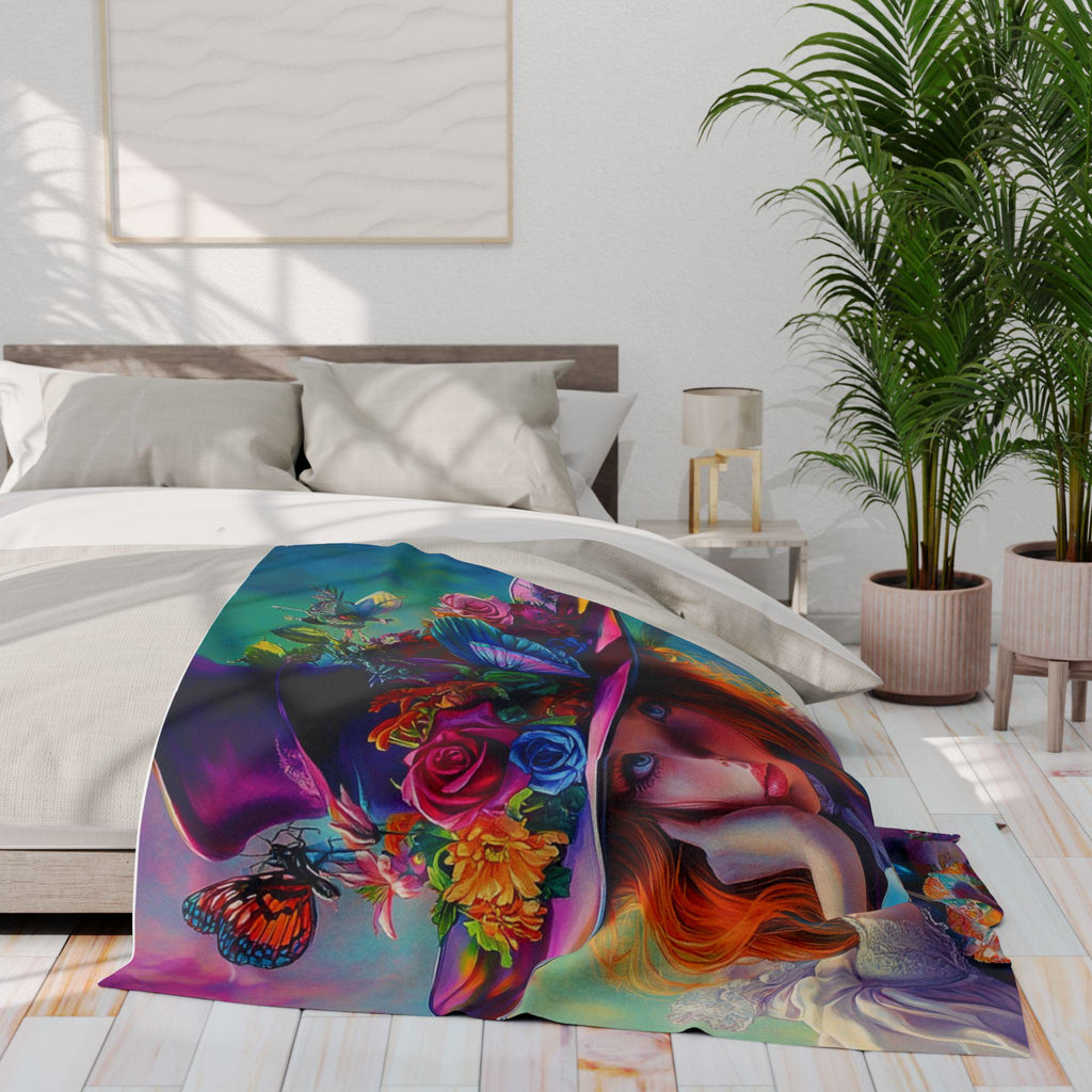 Vibrant Floral Fleece Throw: Whimsical Butterfly Art Blanket for Cozy Home Decor