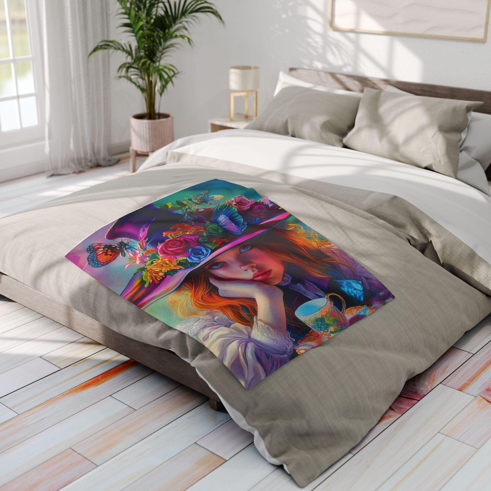 Vibrant Floral Fleece Throw: Whimsical Butterfly Art Blanket for Cozy Home Decor