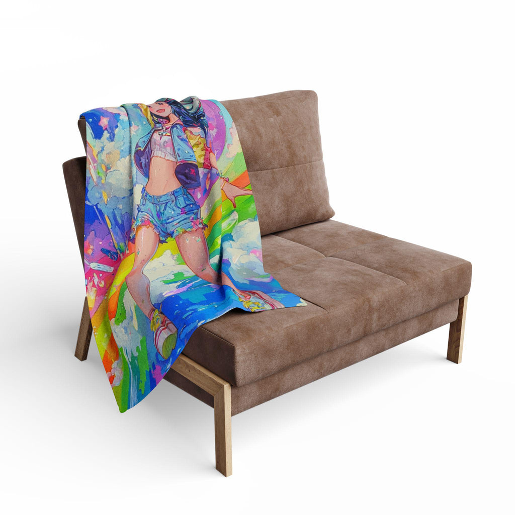 Rainbow Anime Girl Fleece Blanket: Colorful Comic Con Throw