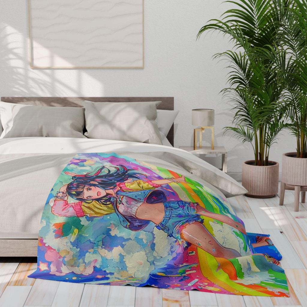 Rainbow Anime Girl Fleece Blanket: Colorful Comic Con Throw