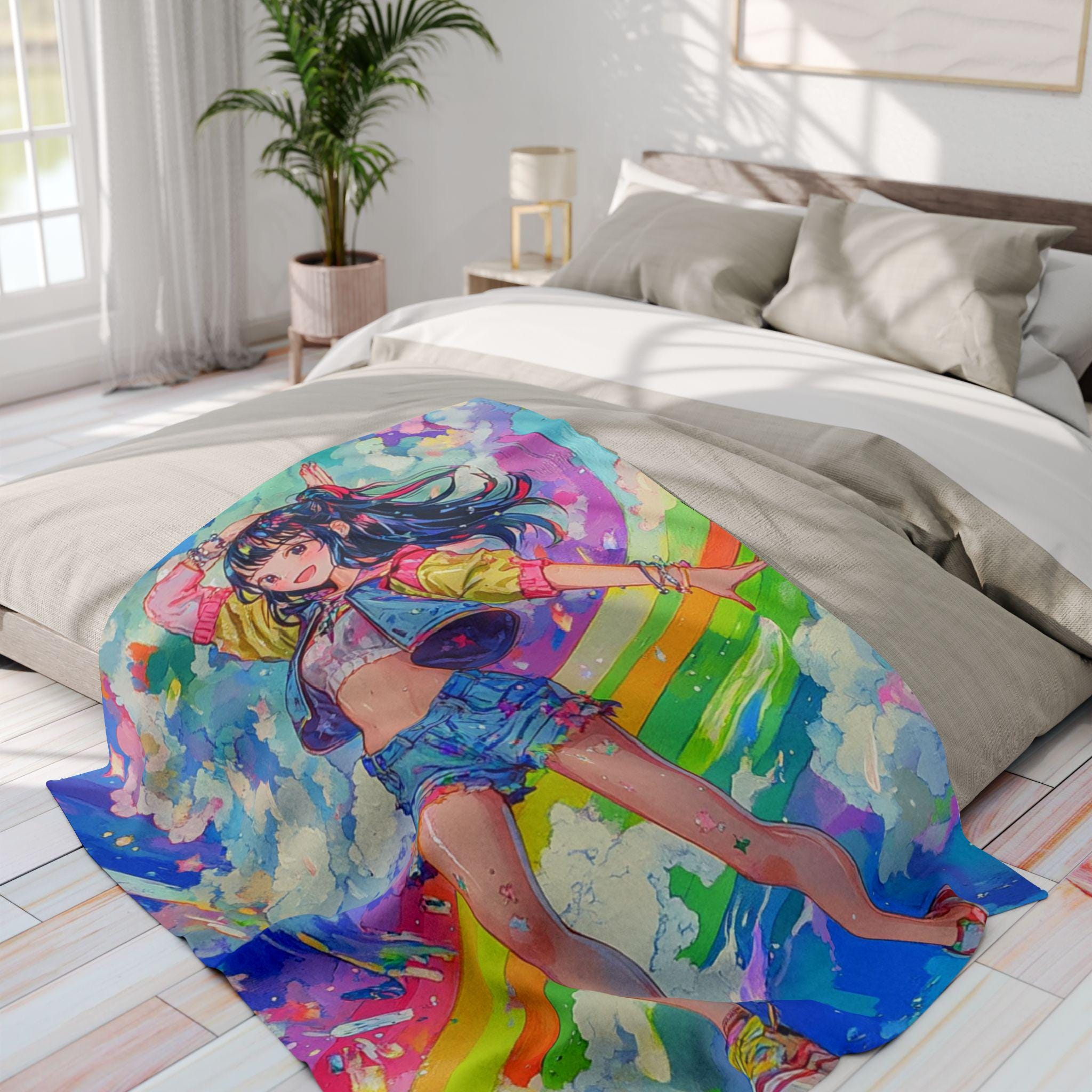Rainbow Anime Girl Fleece Blanket: Colorful Comic Con Throw