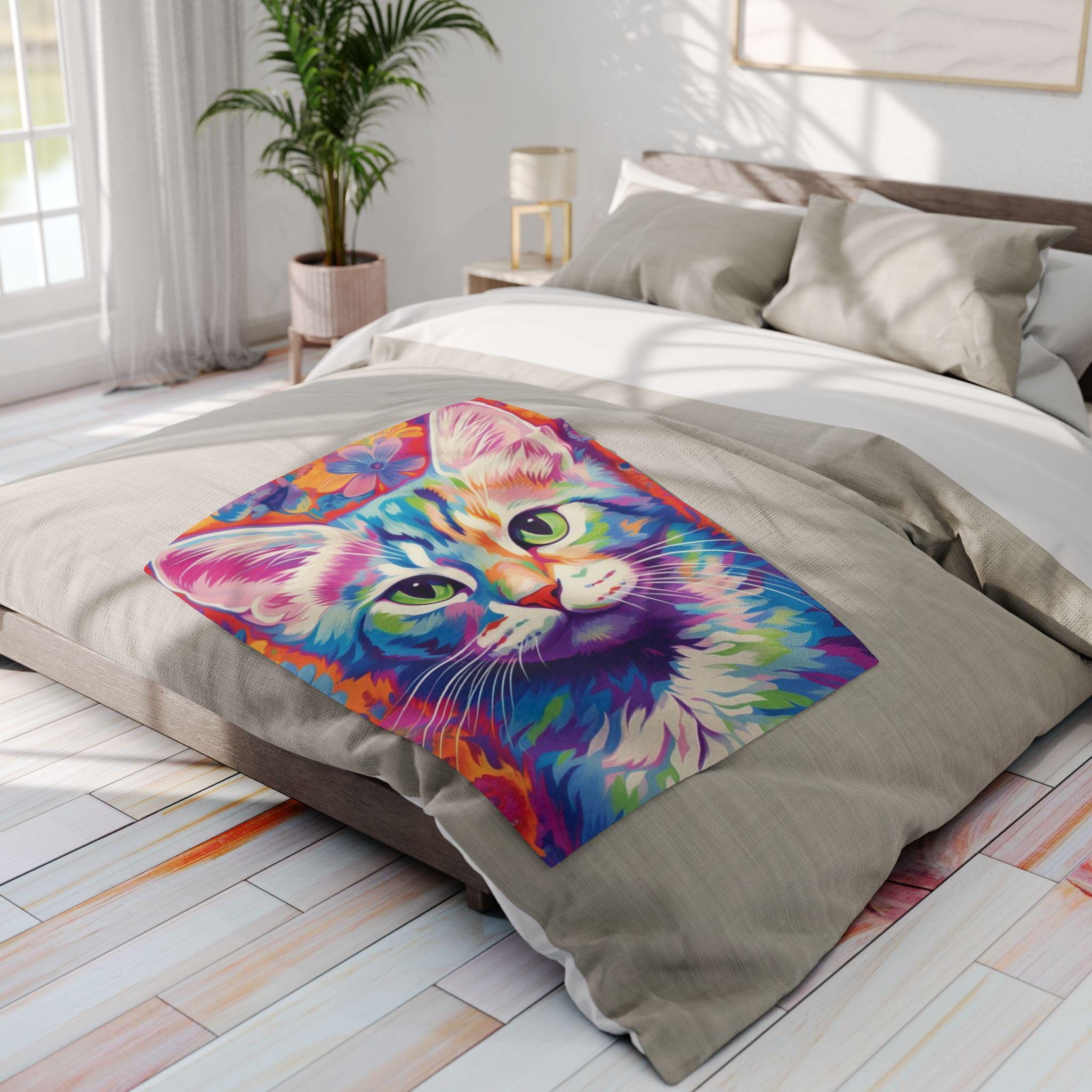 Vibrant Cat Art Fleece Blanket: Colorful Home Decor Throw