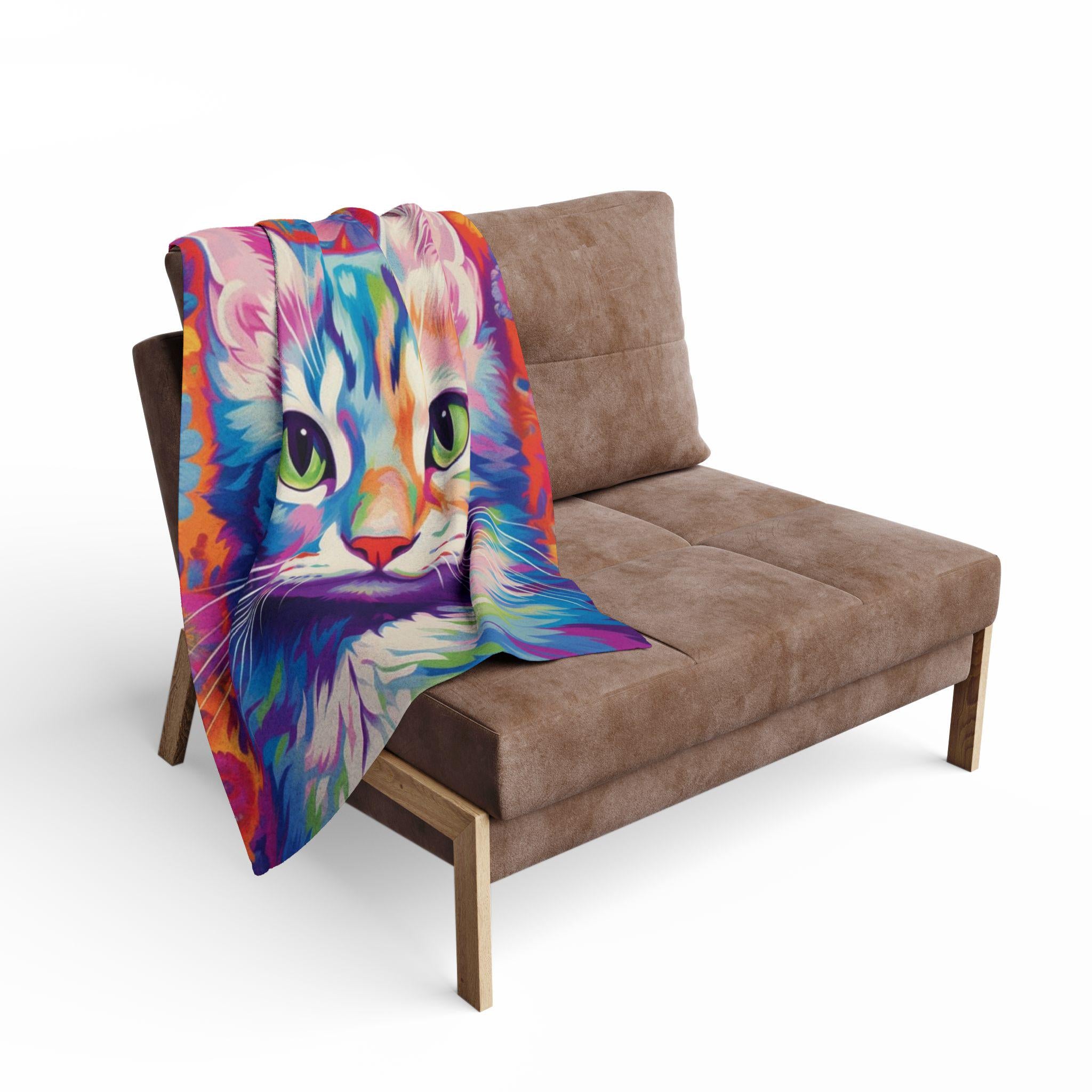 Vibrant Cat Art Fleece Blanket: Colorful Home Decor Throw