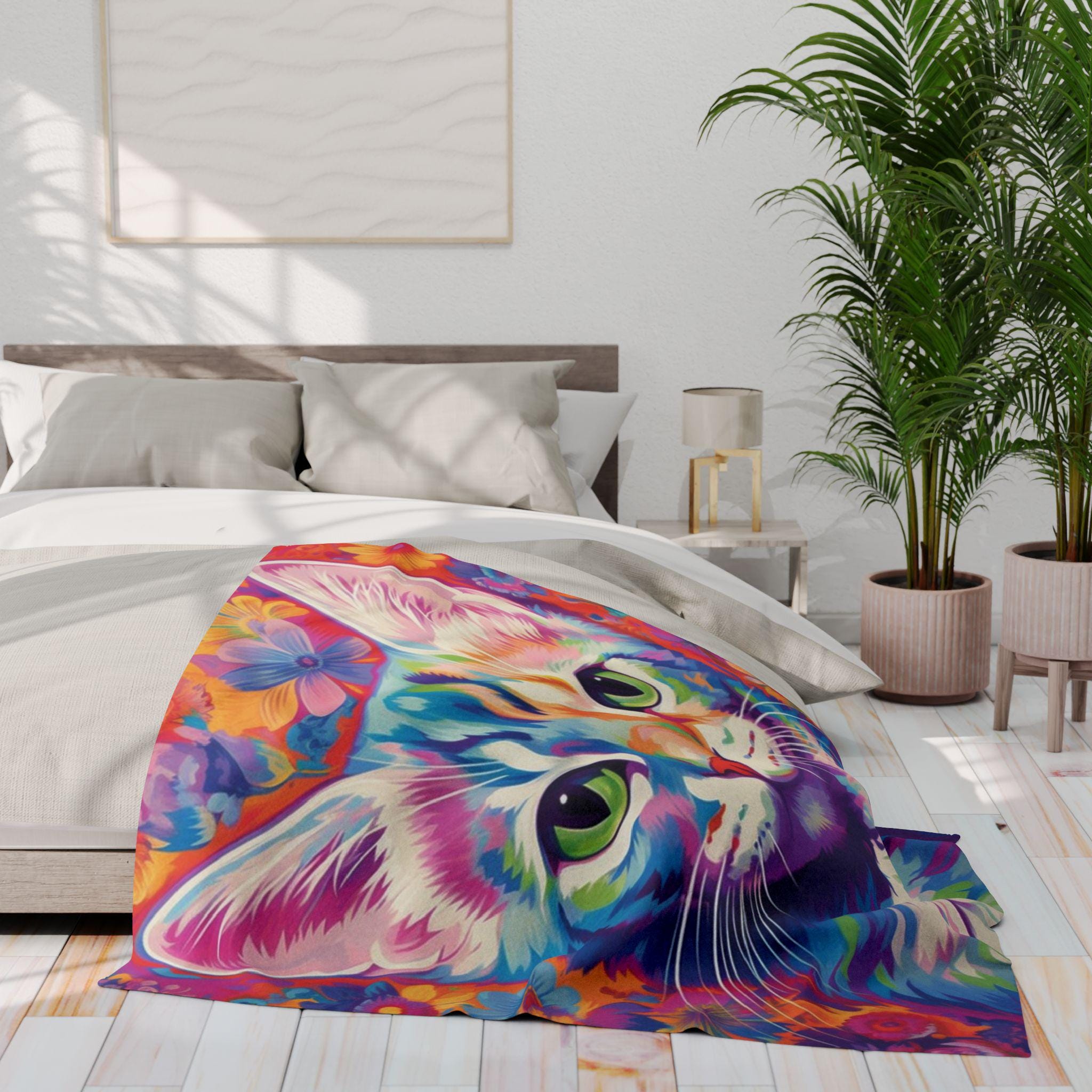 Vibrant Cat Art Fleece Blanket: Colorful Home Decor Throw