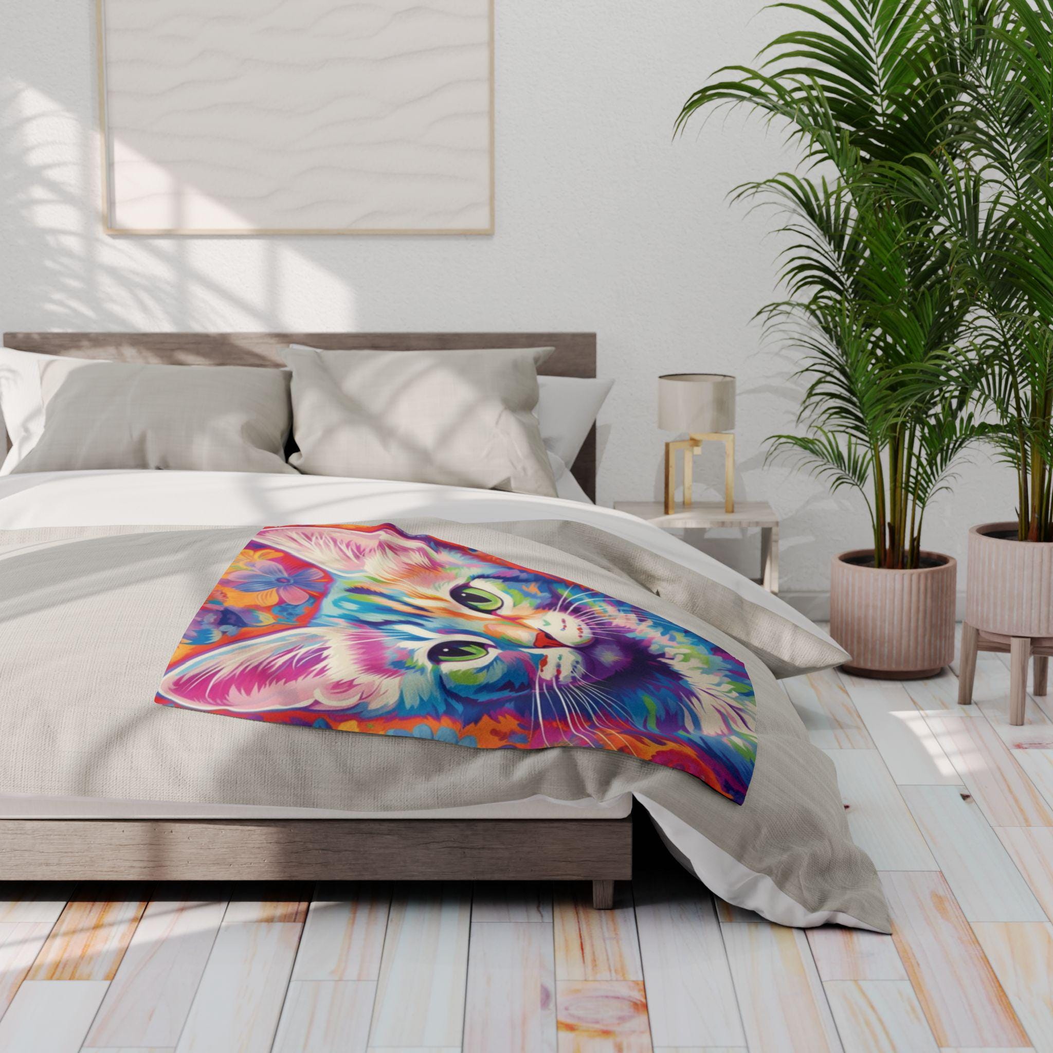 Vibrant Cat Art Fleece Blanket: Colorful Home Decor Throw