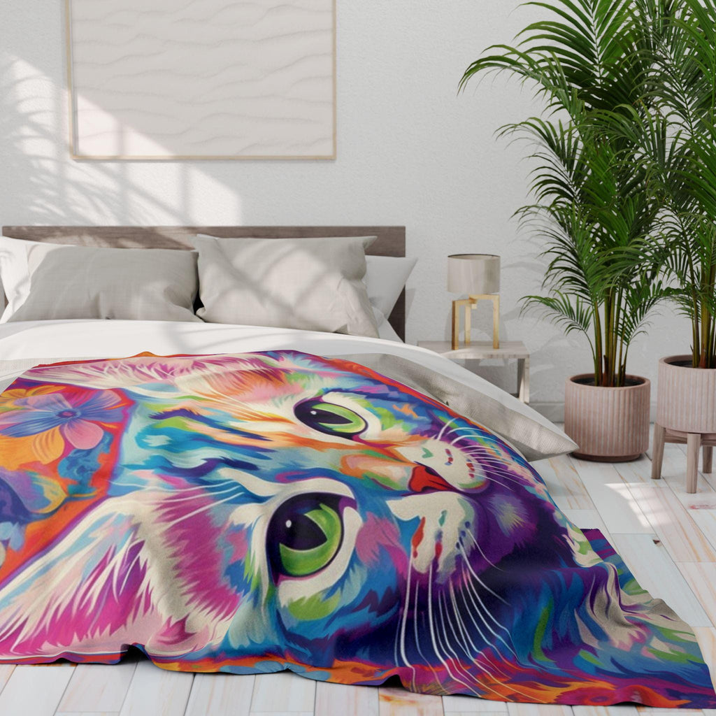 Vibrant Cat Art Fleece Blanket: Colorful Home Decor Throw