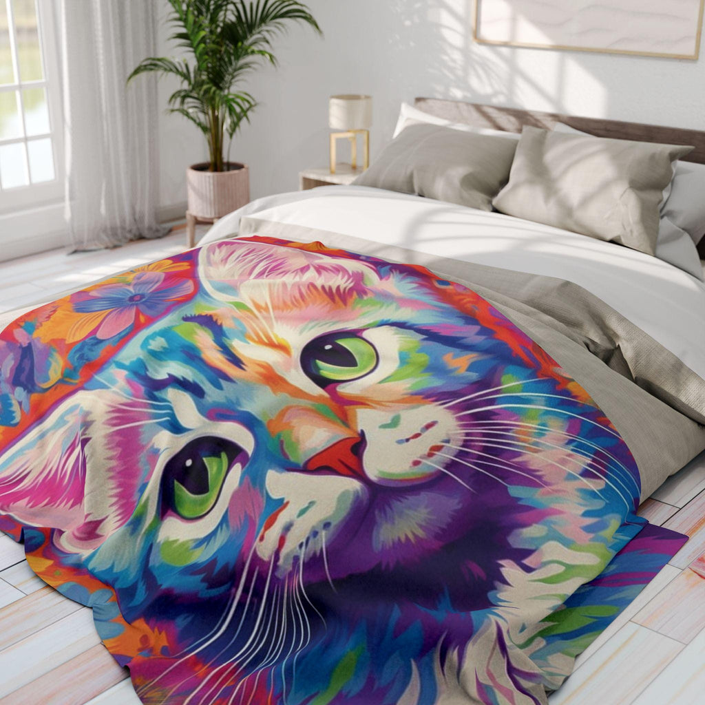 Vibrant Cat Art Fleece Blanket: Colorful Home Decor Throw