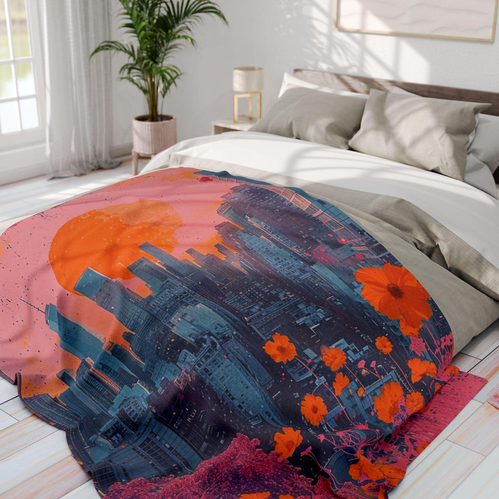 Parody Vibrant Cityscape Fleece Throw: Cozy Urban Decor, Artistic Gift, Colorful Modern Home Accent