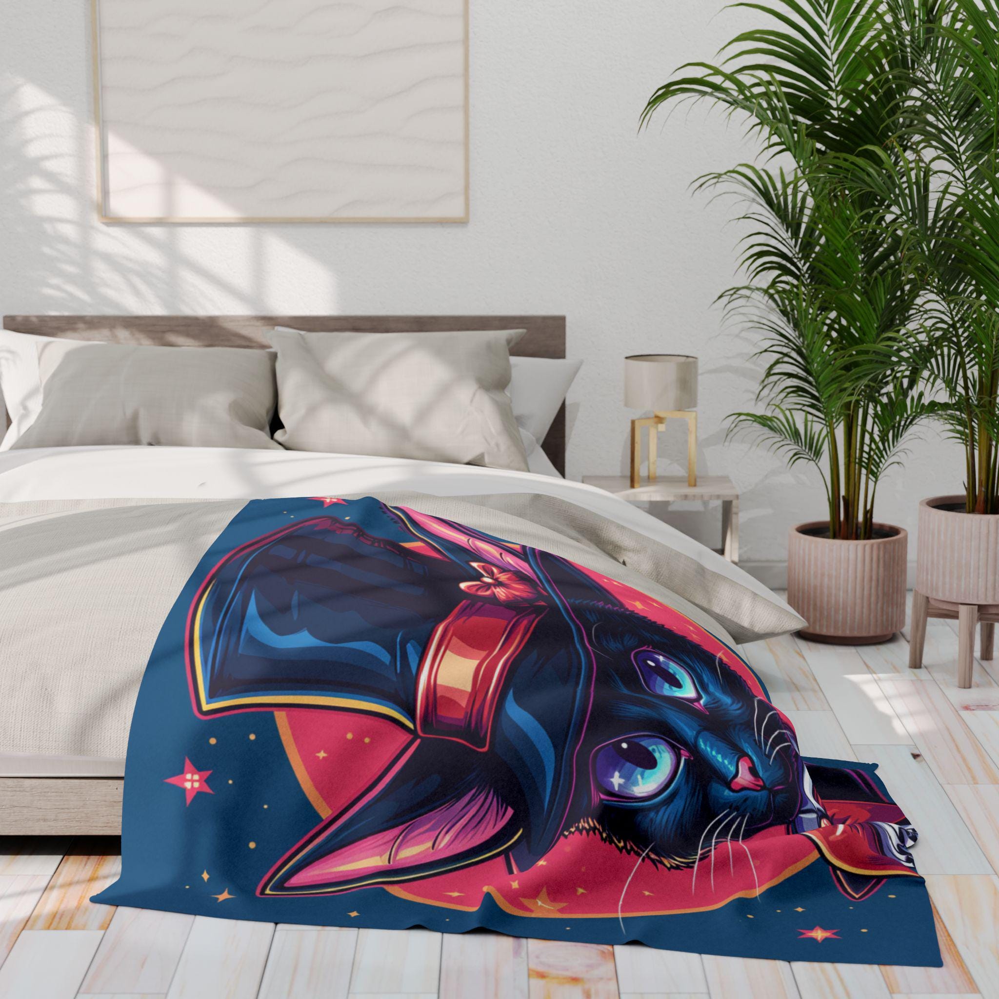 Magical Cat Art Fleece Blanket: Whimsical Home Decor