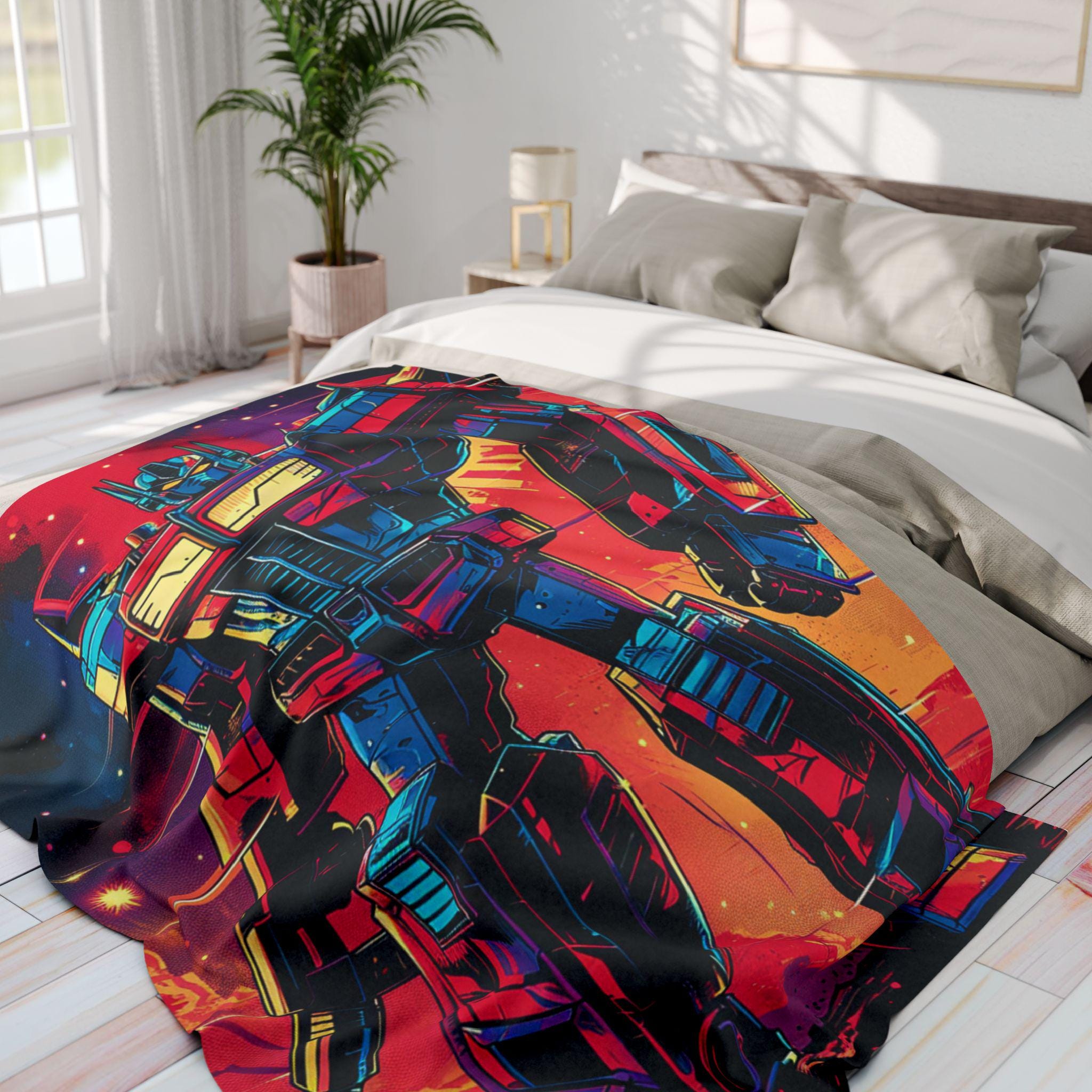 Robot Arctic Fleece Blanket: Vibrant 80s Throw, Gamer Gift