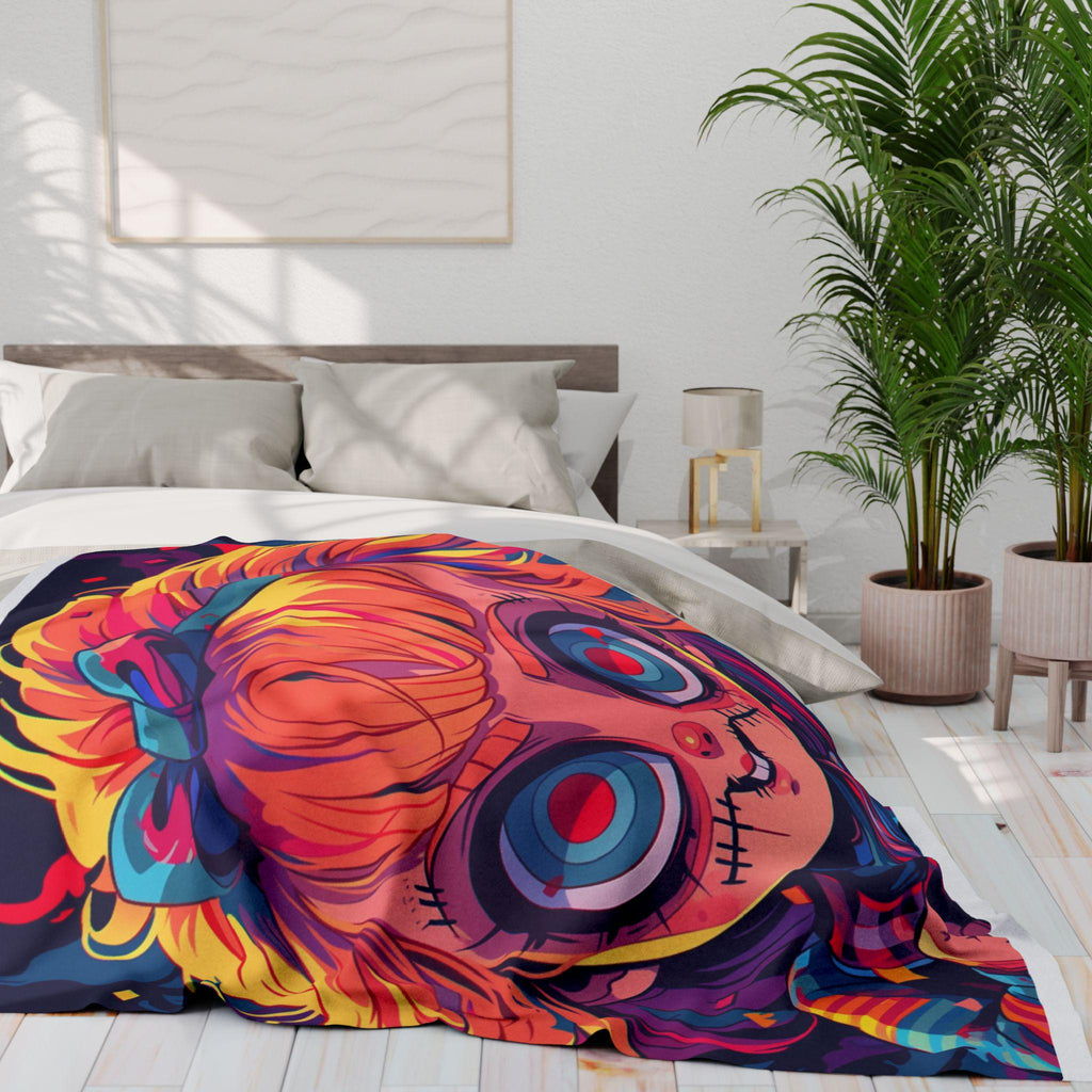 Parody Quirky Halloween Doll Fleece Throw: Cozy, Colorful Blanket for Kids' Room Decor & Snuggling